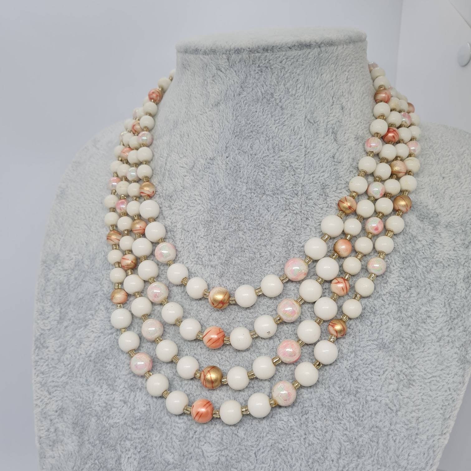 Vintage multistrand necklace Silver tone metal with white and pink plastic beads necklace