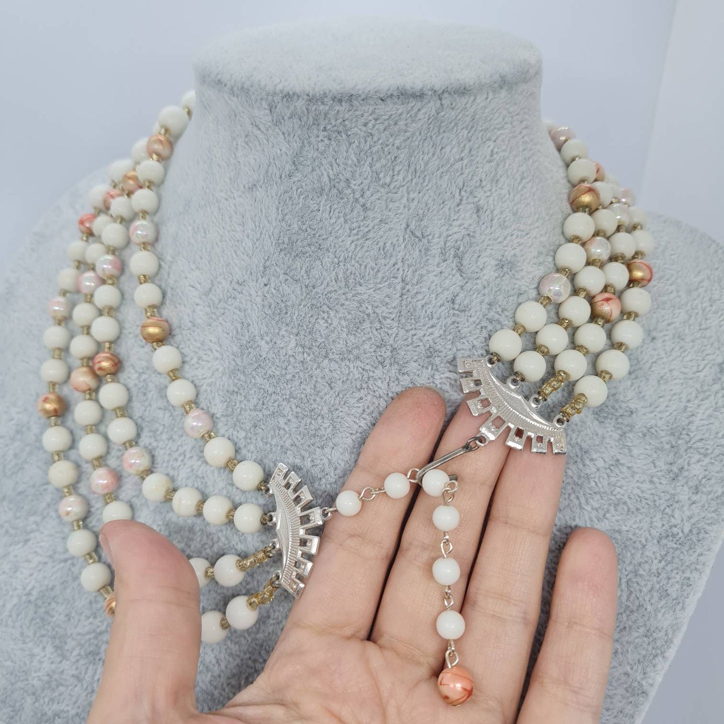 Vintage multistrand necklace Silver tone metal with white and pink plastic beads necklace