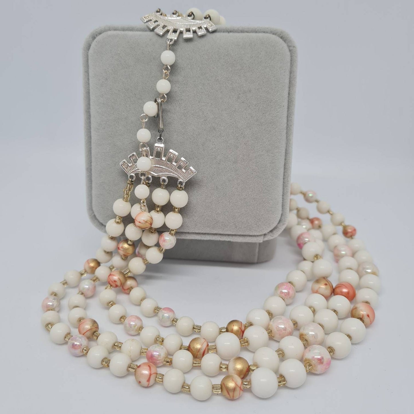 Vintage multistrand necklace Silver tone metal with white and pink plastic beads necklace