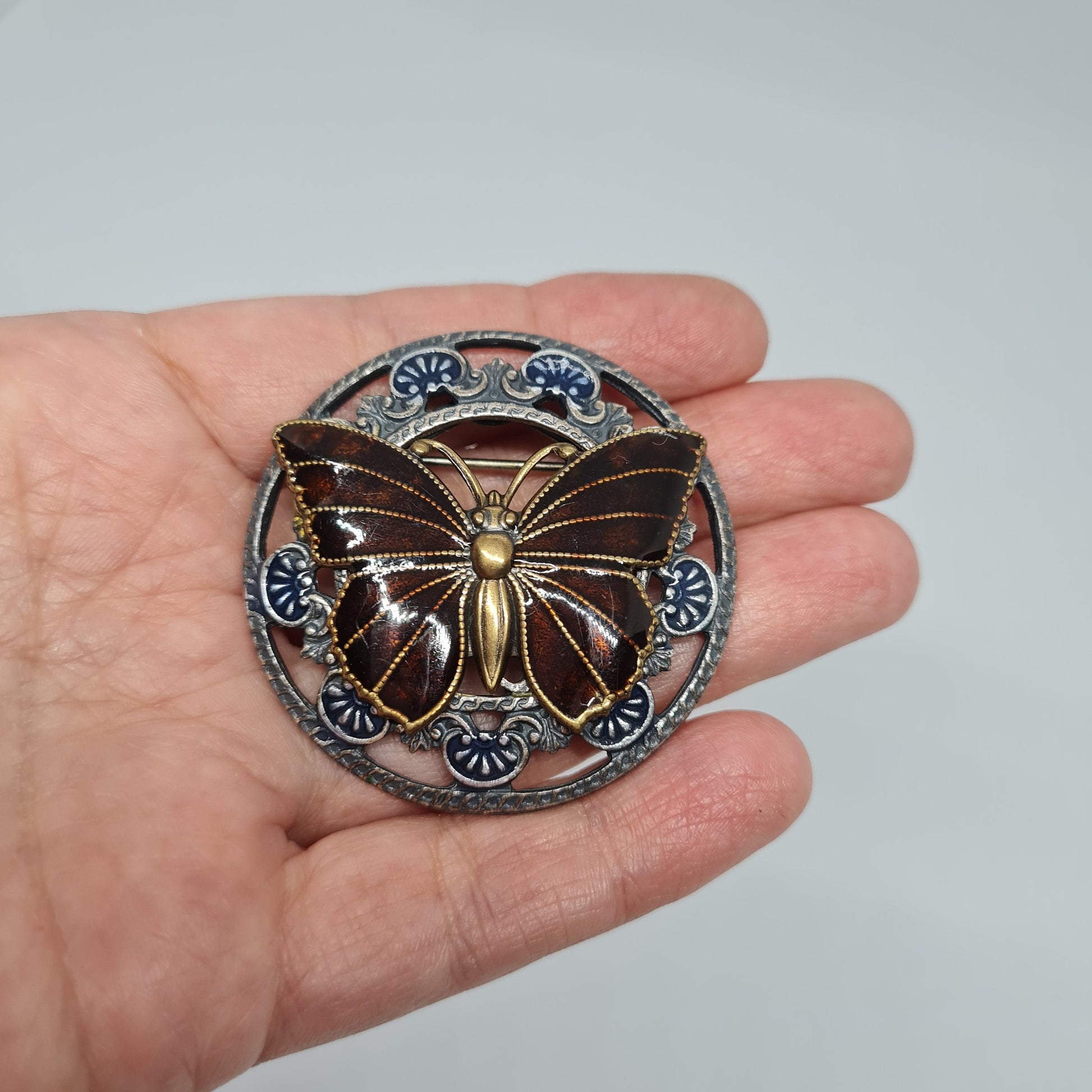 KENNETH COLE butterfly brooch pin vintage Two tone brooch with brown and blue enamel