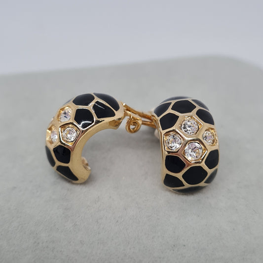 Vintage Swarovski Crystal Hoop Earrings: Gold Tone & Black Enamel Huggies