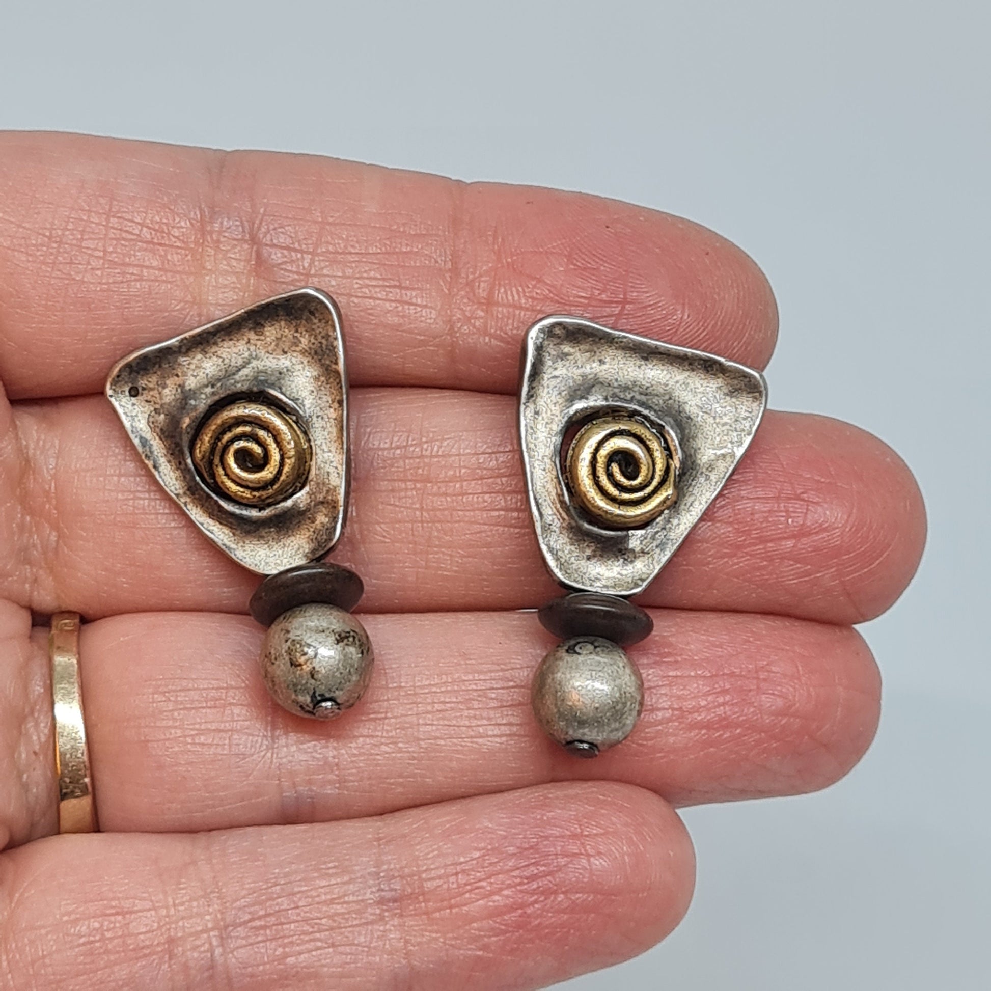 Vintage NORMA JEAN triangle earrings Antic silver tone drop earrings