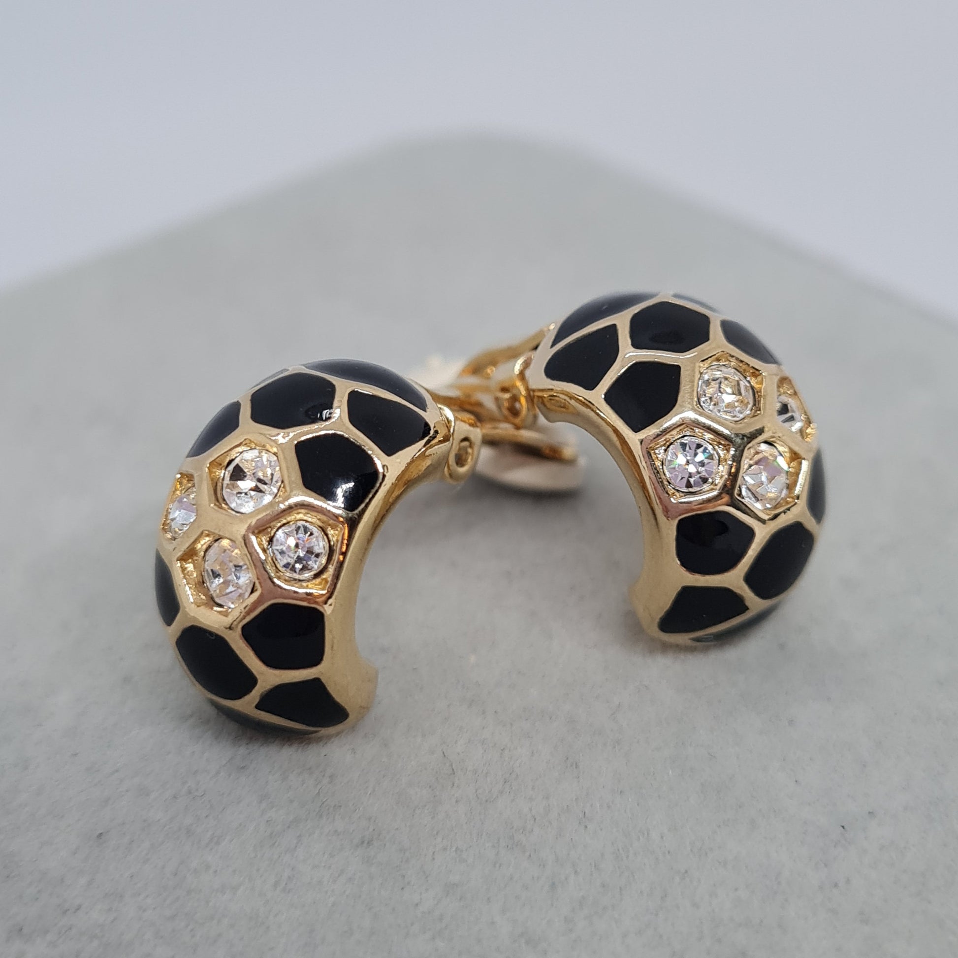 Vintage Swarovski Crystal Hoop Earrings: Gold Tone & Black Enamel Huggies