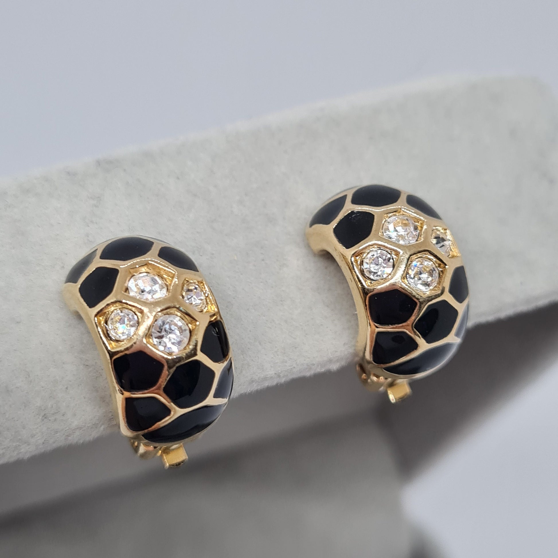 Vintage Swarovski Crystal Hoop Earrings: Gold Tone & Black Enamel Huggies
