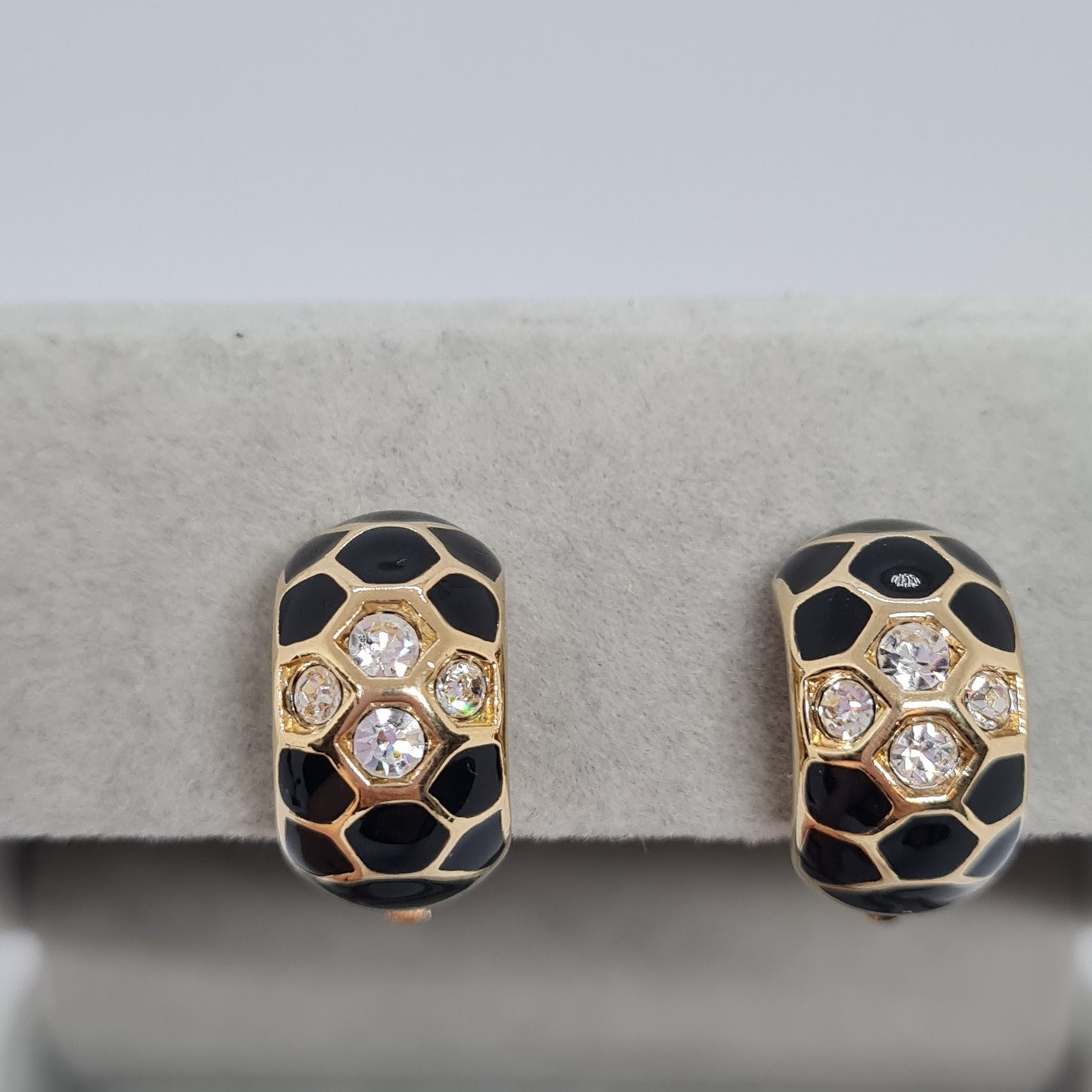 Vintage Swarovski Crystal Hoop Earrings: Gold Tone & Black Enamel Huggies
