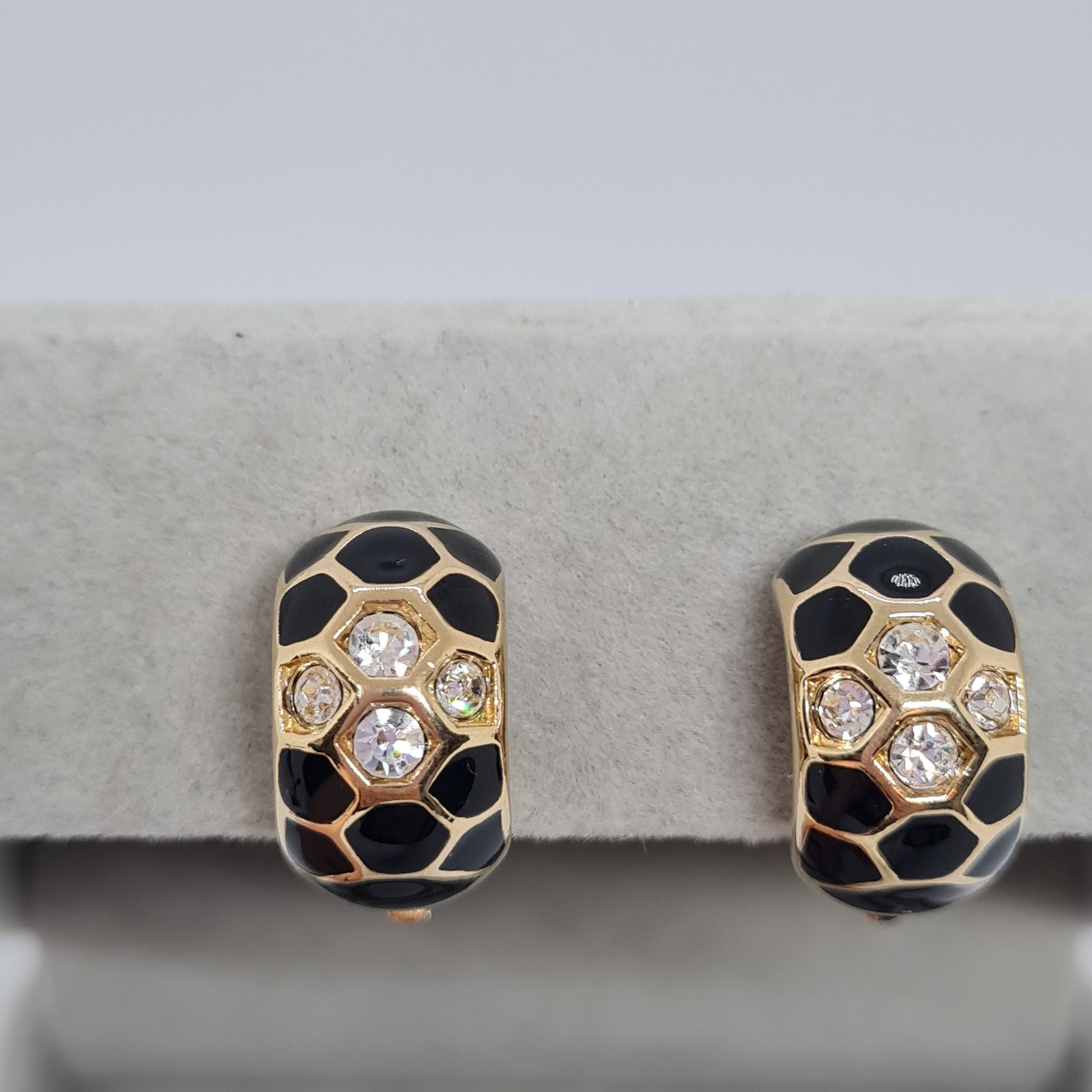 Vintage Swarovski Crystal Hoop Earrings: Gold Tone & Black Enamel Huggies