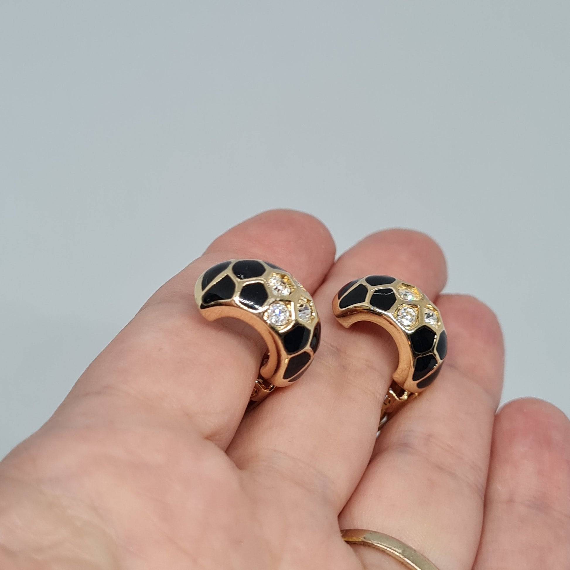Vintage Swarovski Crystal Hoop Earrings: Gold Tone & Black Enamel Huggies