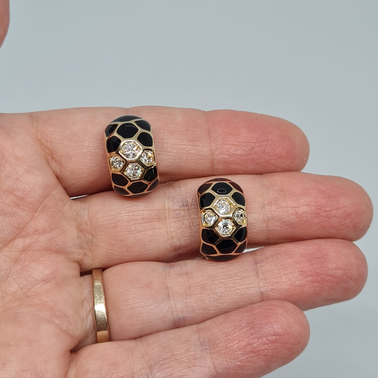 Vintage Swarovski Crystal Hoop Earrings: Gold Tone & Black Enamel Huggies