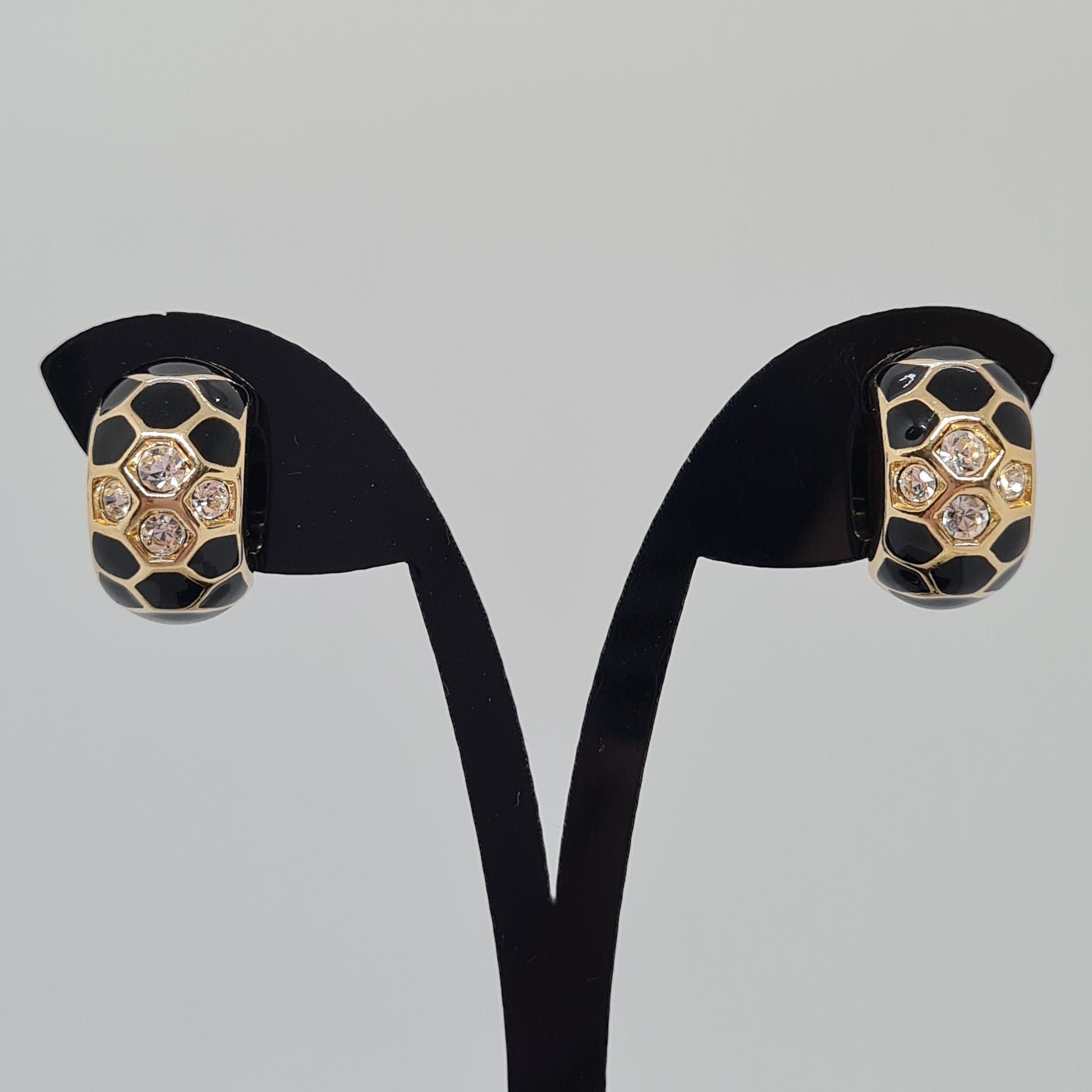 Vintage Swarovski Crystal Hoop Earrings: Gold Tone & Black Enamel Huggies