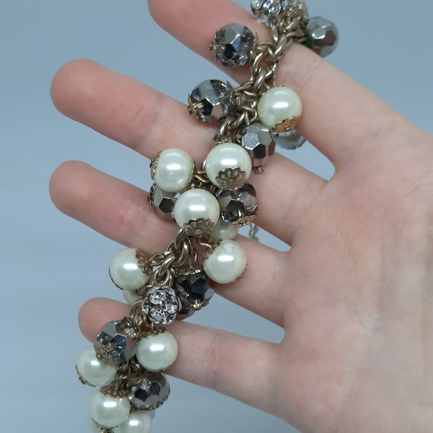 Vintage beads charms bracelet Gold tone chain bracelet with glass and faux pearl beads