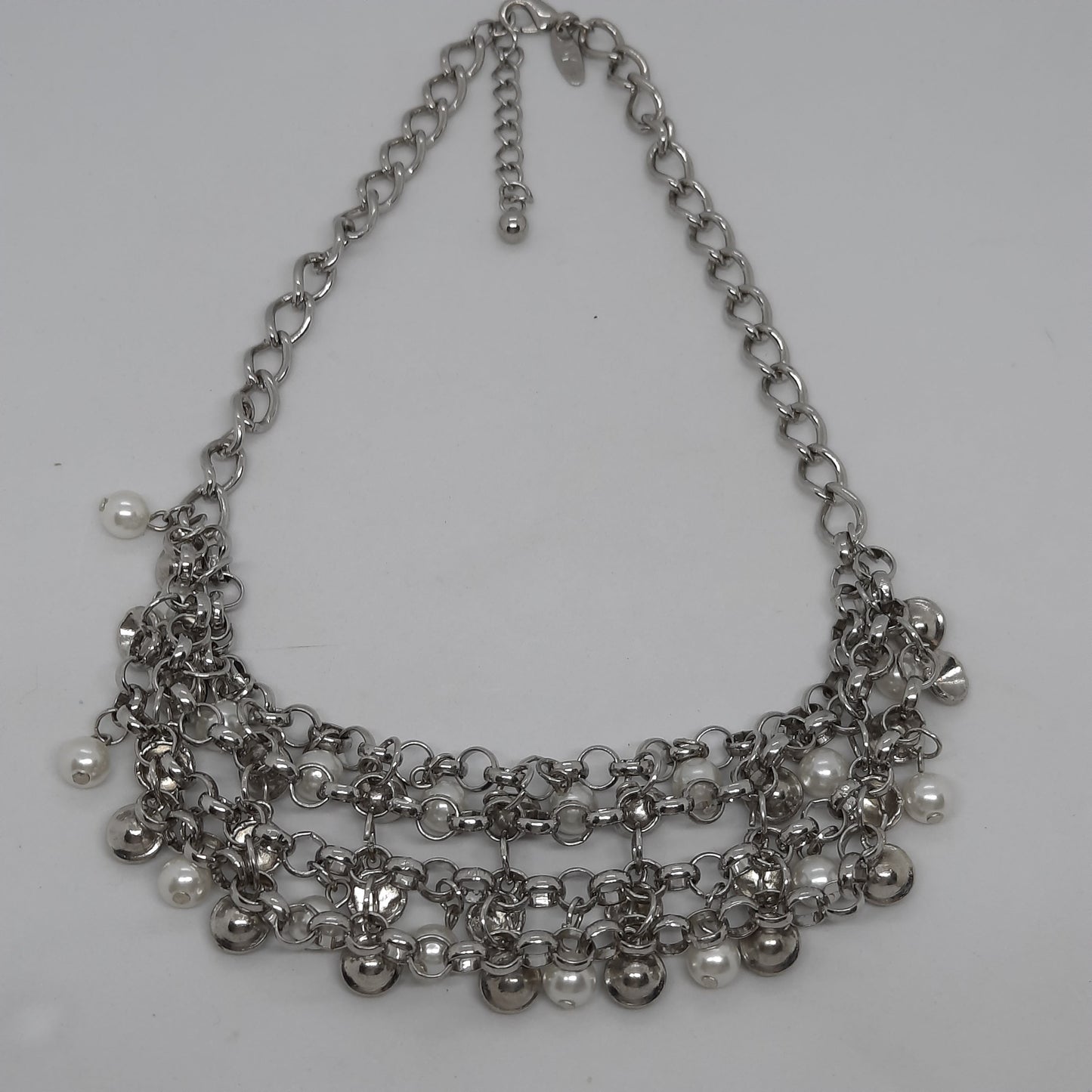 Vintage NY bib necklace Silver tone chain with gray rhinestone and faux pearl Designer chain necklace