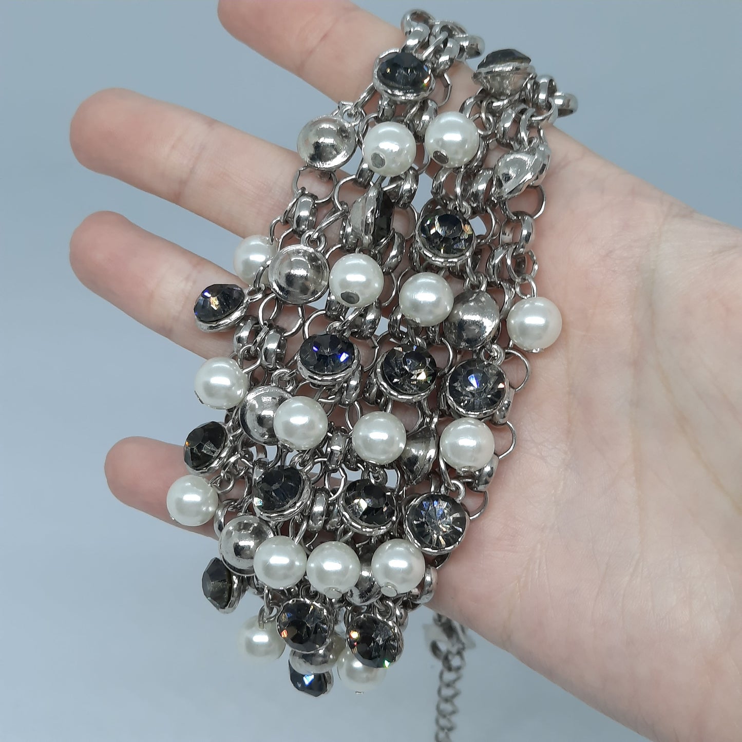 Vintage NY bib necklace Silver tone chain with gray rhinestone and faux pearl Designer chain necklace