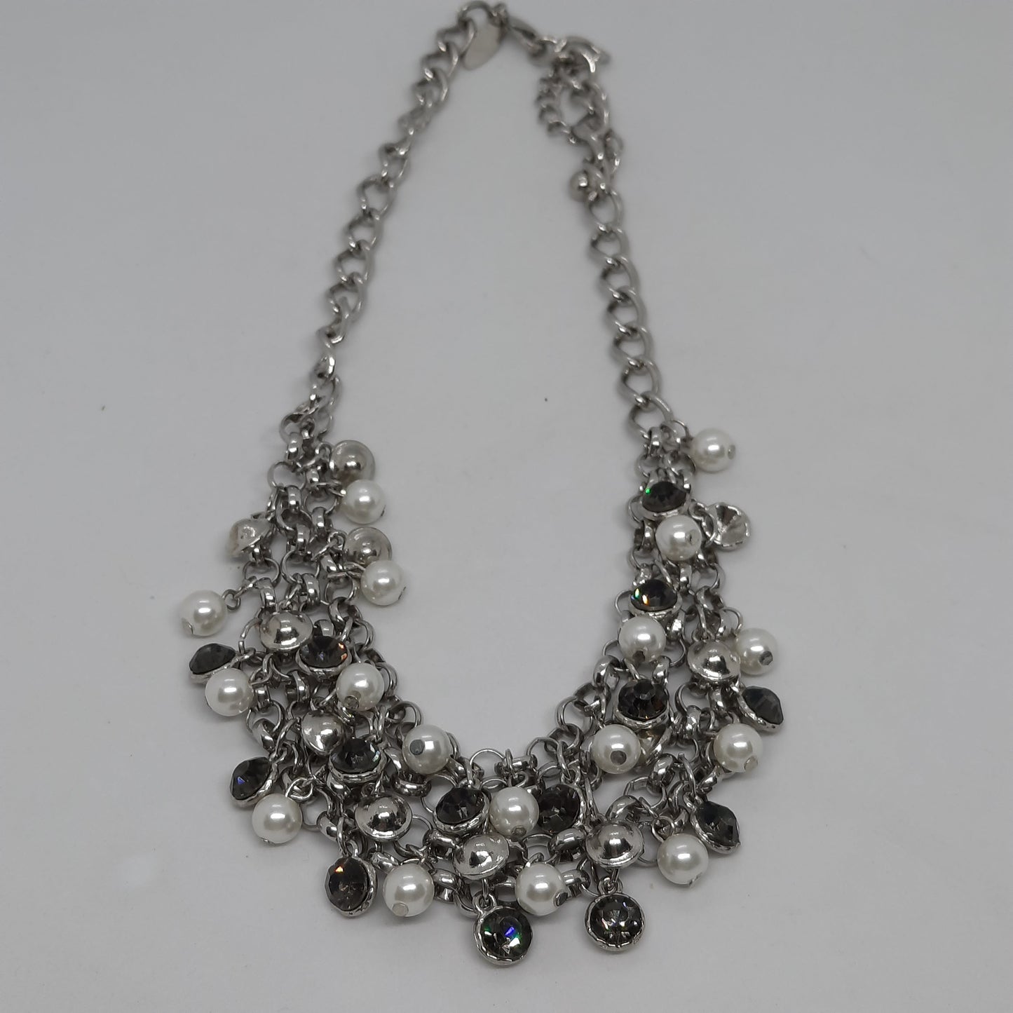 Vintage NY bib necklace Silver tone chain with gray rhinestone and faux pearl Designer chain necklace