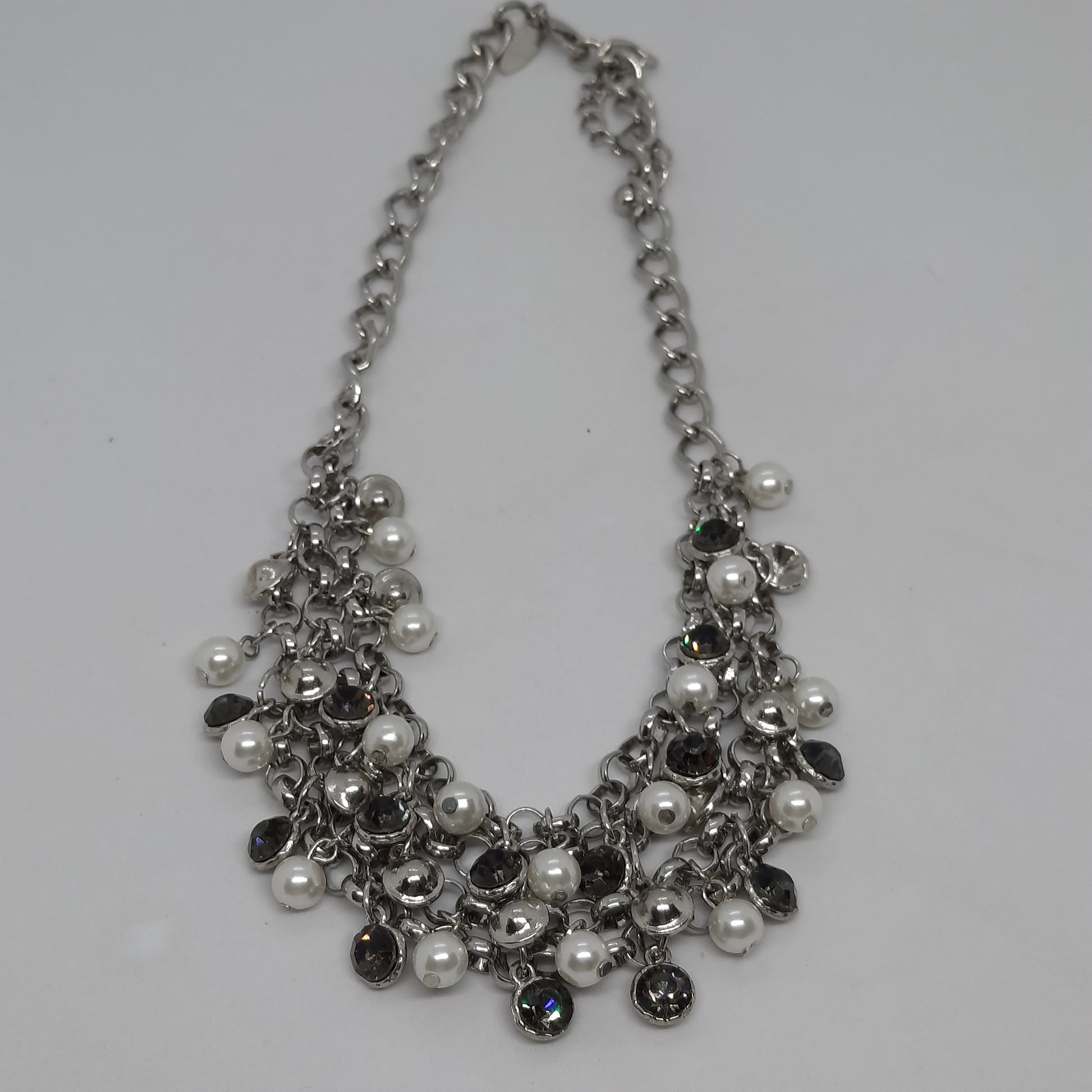 Vintage NY bib necklace Silver tone chain with gray rhinestone and faux pearl Designer chain necklace