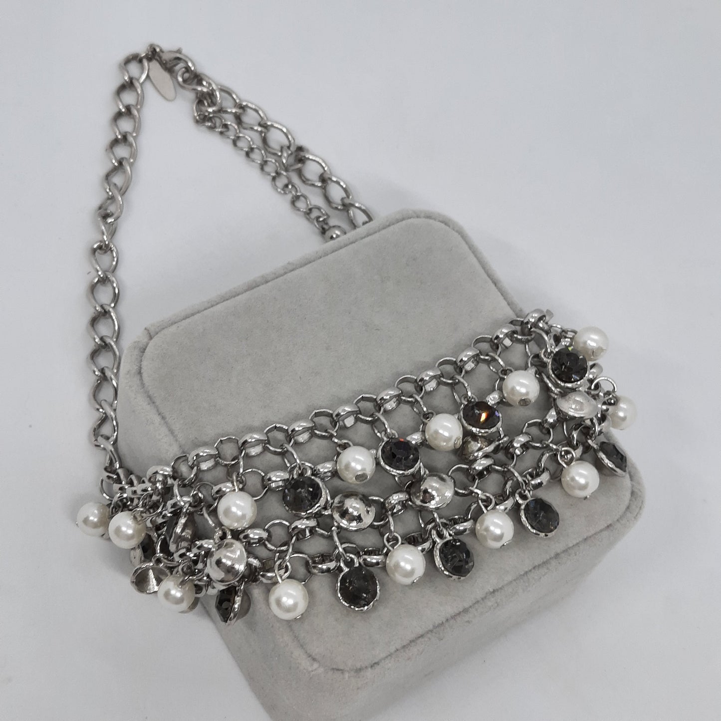 Vintage NY bib necklace Silver tone chain with gray rhinestone and faux pearl Designer chain necklace