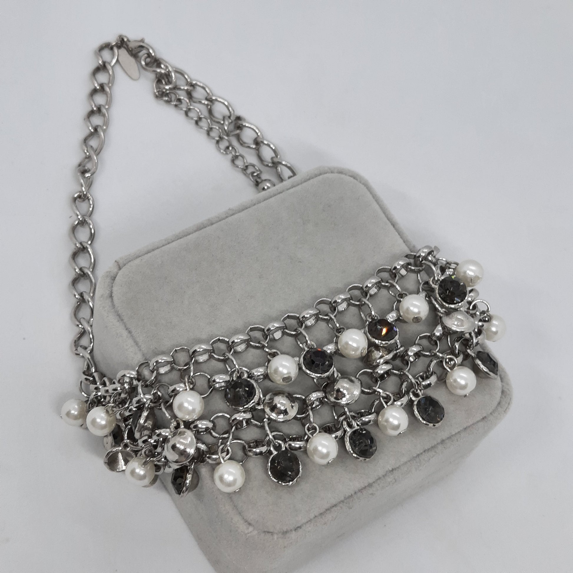 Vintage NY bib necklace Silver tone chain with gray rhinestone and faux pearl Designer chain necklace