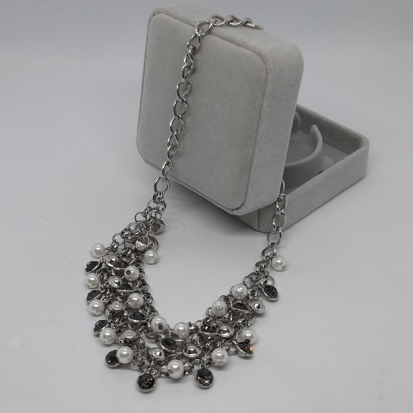 Vintage NY bib necklace Silver tone chain with gray rhinestone and faux pearl Designer chain necklace