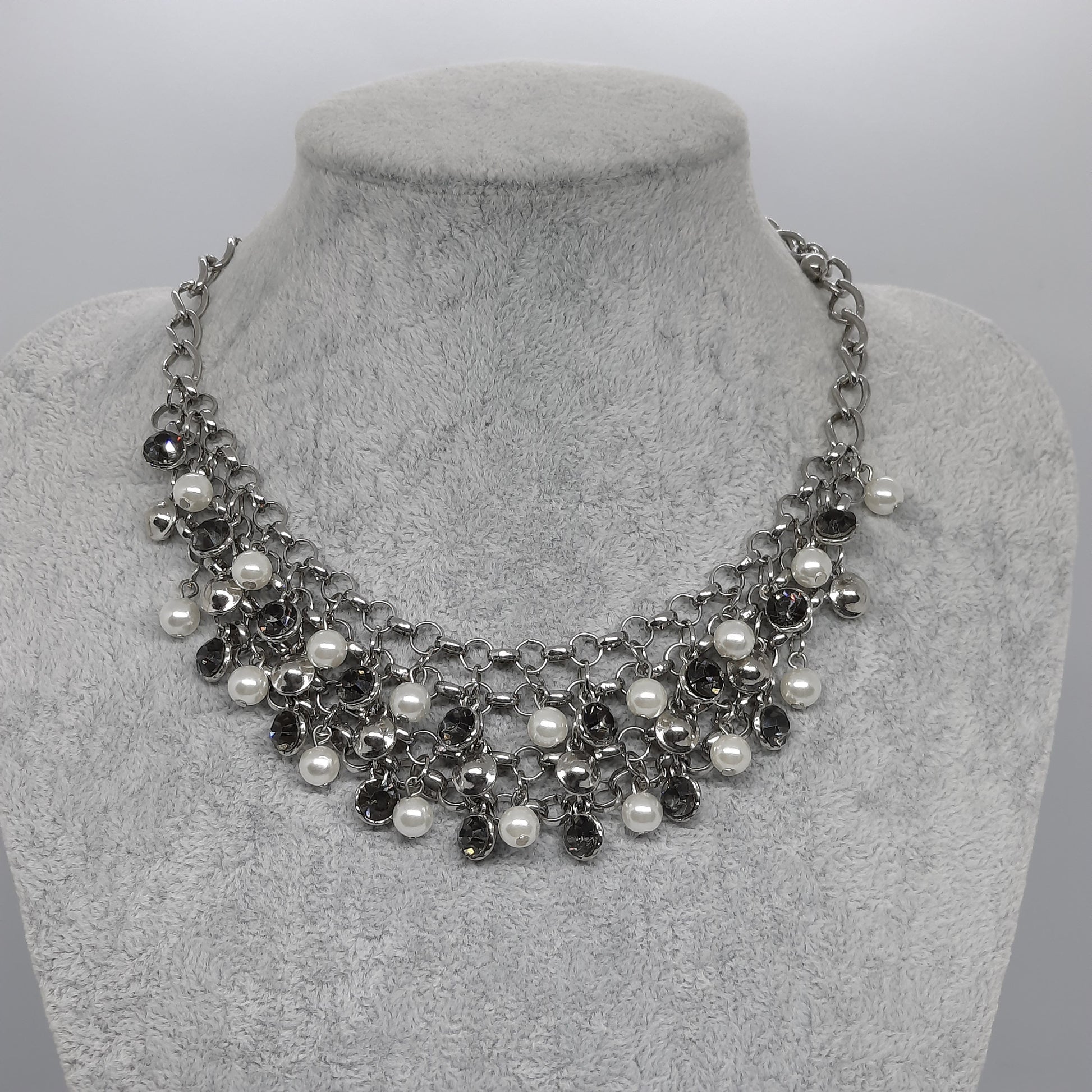 Vintage NY bib necklace Silver tone chain with gray rhinestone and faux pearl Designer chain necklace