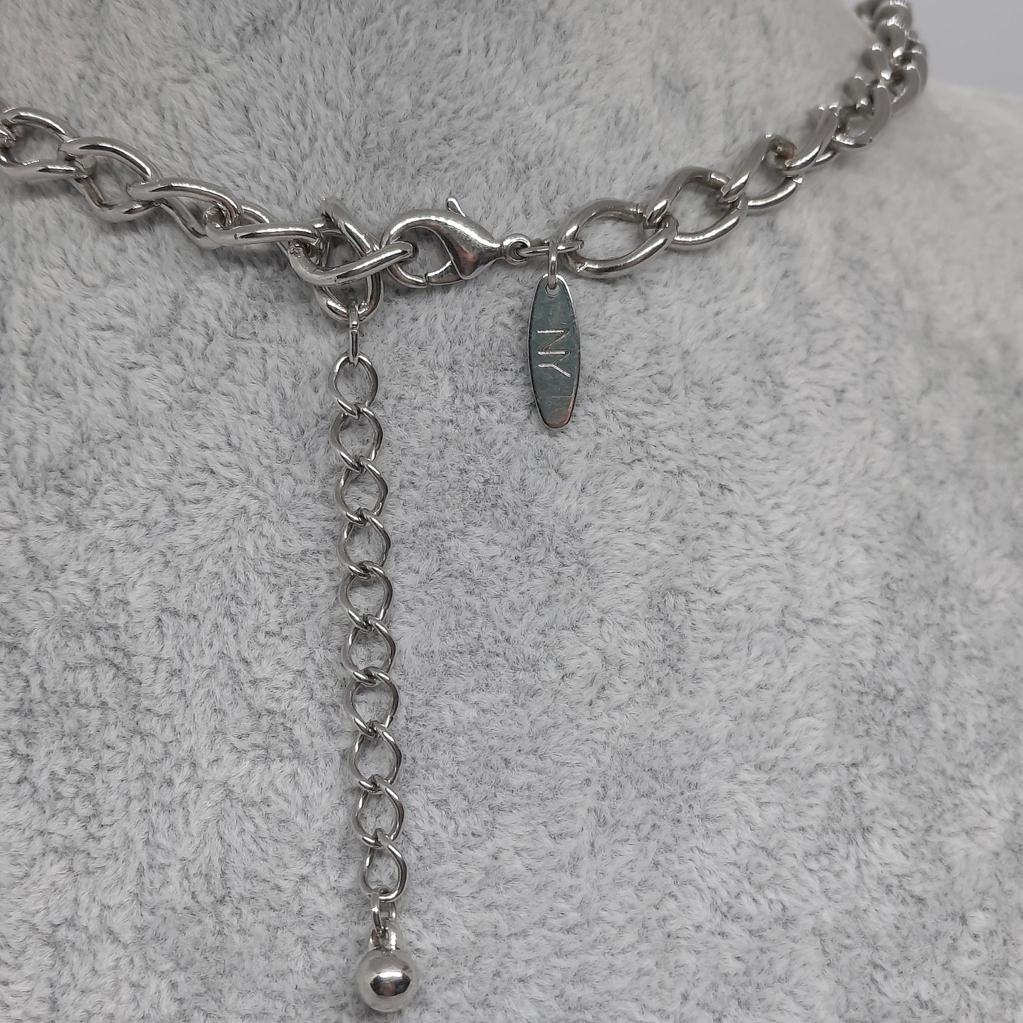 Vintage NY bib necklace Silver tone chain with gray rhinestone and faux pearl Designer chain necklace