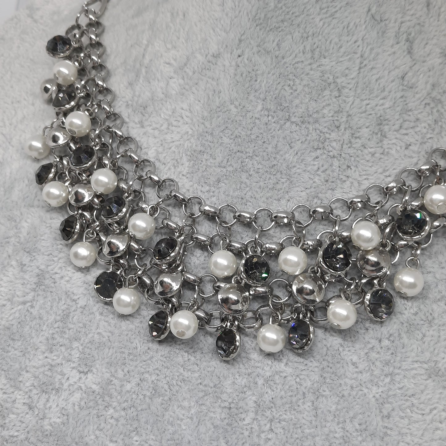 Vintage NY bib necklace Silver tone chain with gray rhinestone and faux pearl Designer chain necklace