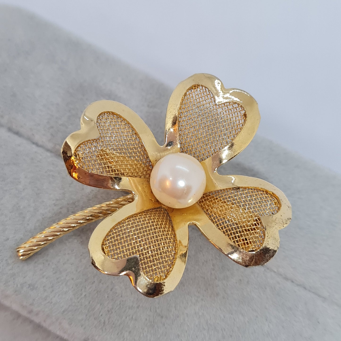 Vintage clover brooch Gold-tone metal mesh with white faux pearl brooch pin, Lucky clover brooch pin