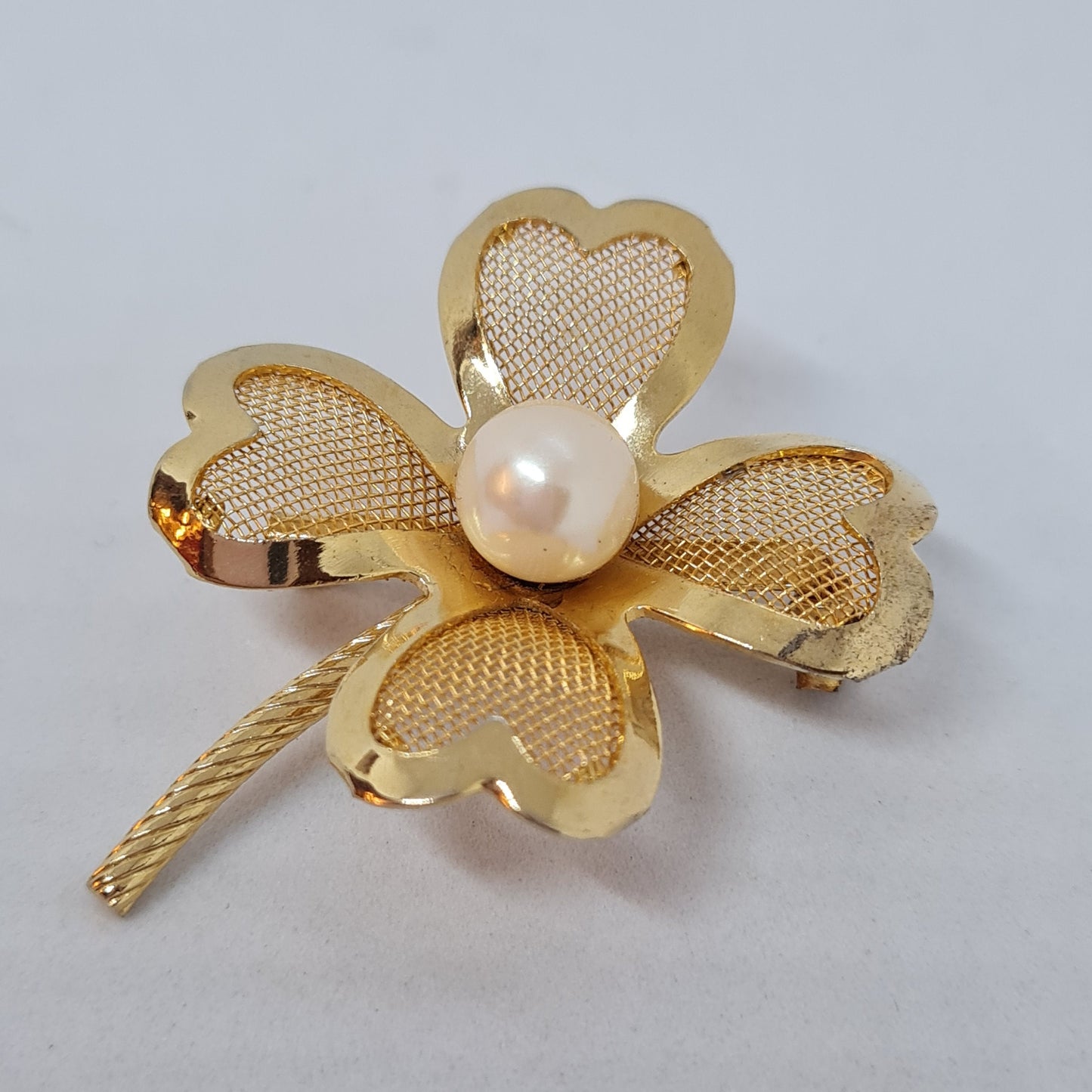 Vintage clover brooch Gold-tone metal mesh with white faux pearl brooch pin, Lucky clover brooch pin
