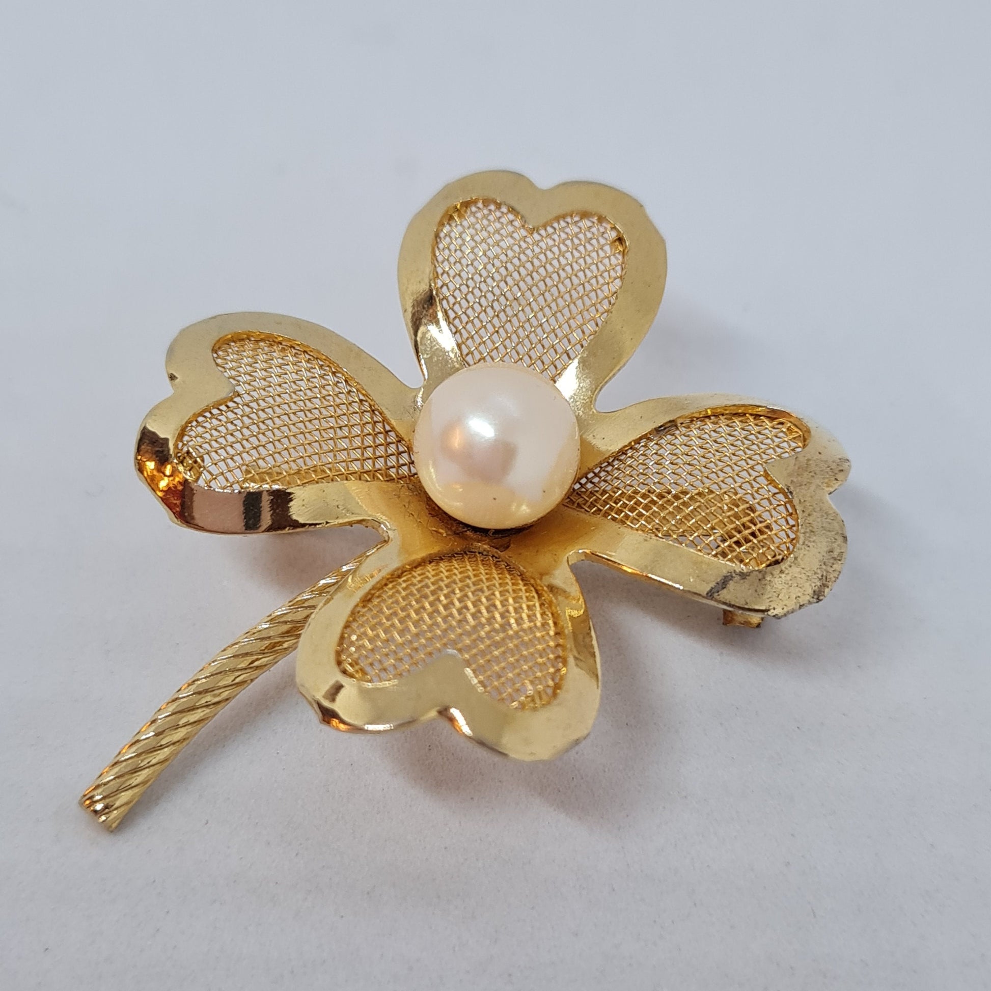 Vintage clover brooch Gold-tone metal mesh with white faux pearl brooch pin, Lucky clover brooch pin