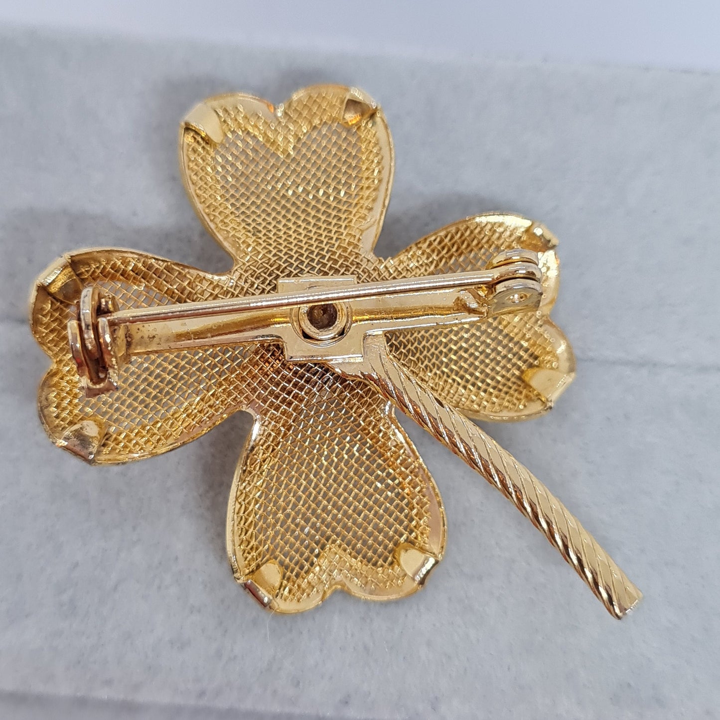 Vintage clover brooch Gold-tone metal mesh with white faux pearl brooch pin, Lucky clover brooch pin