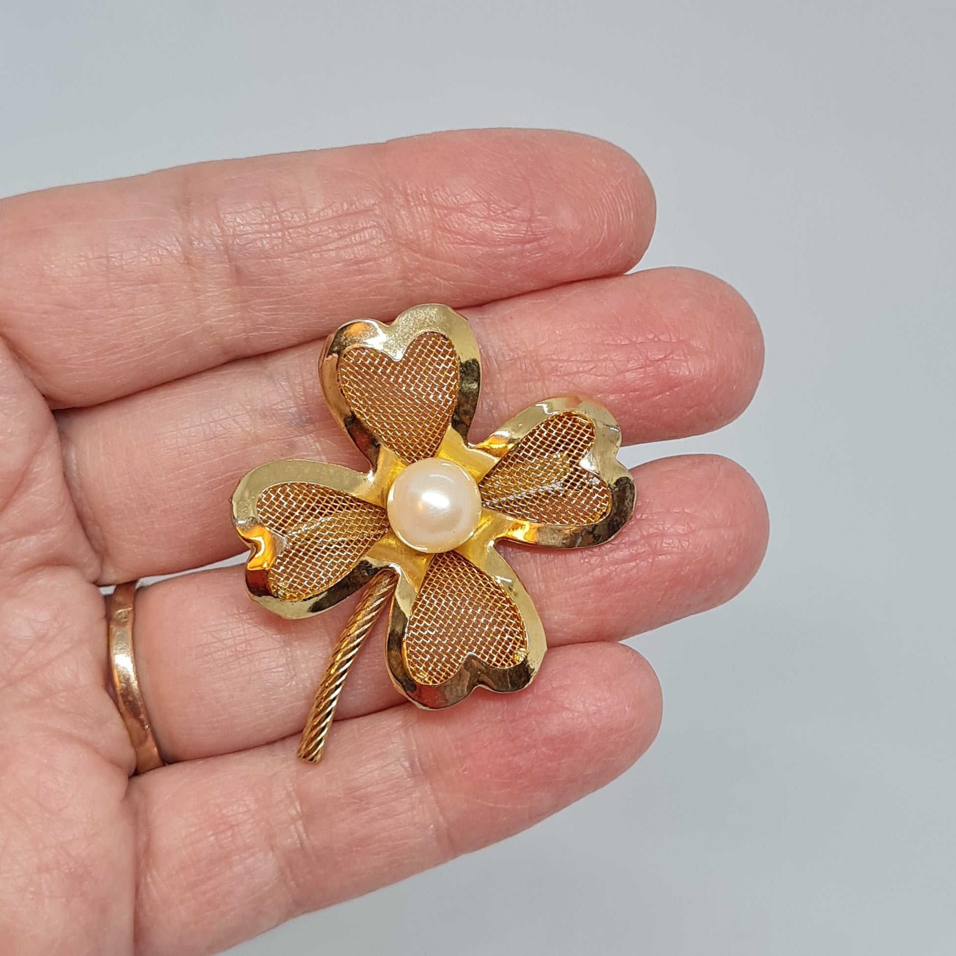 Vintage clover brooch Gold-tone metal mesh with white faux pearl brooch pin, Lucky clover brooch pin
