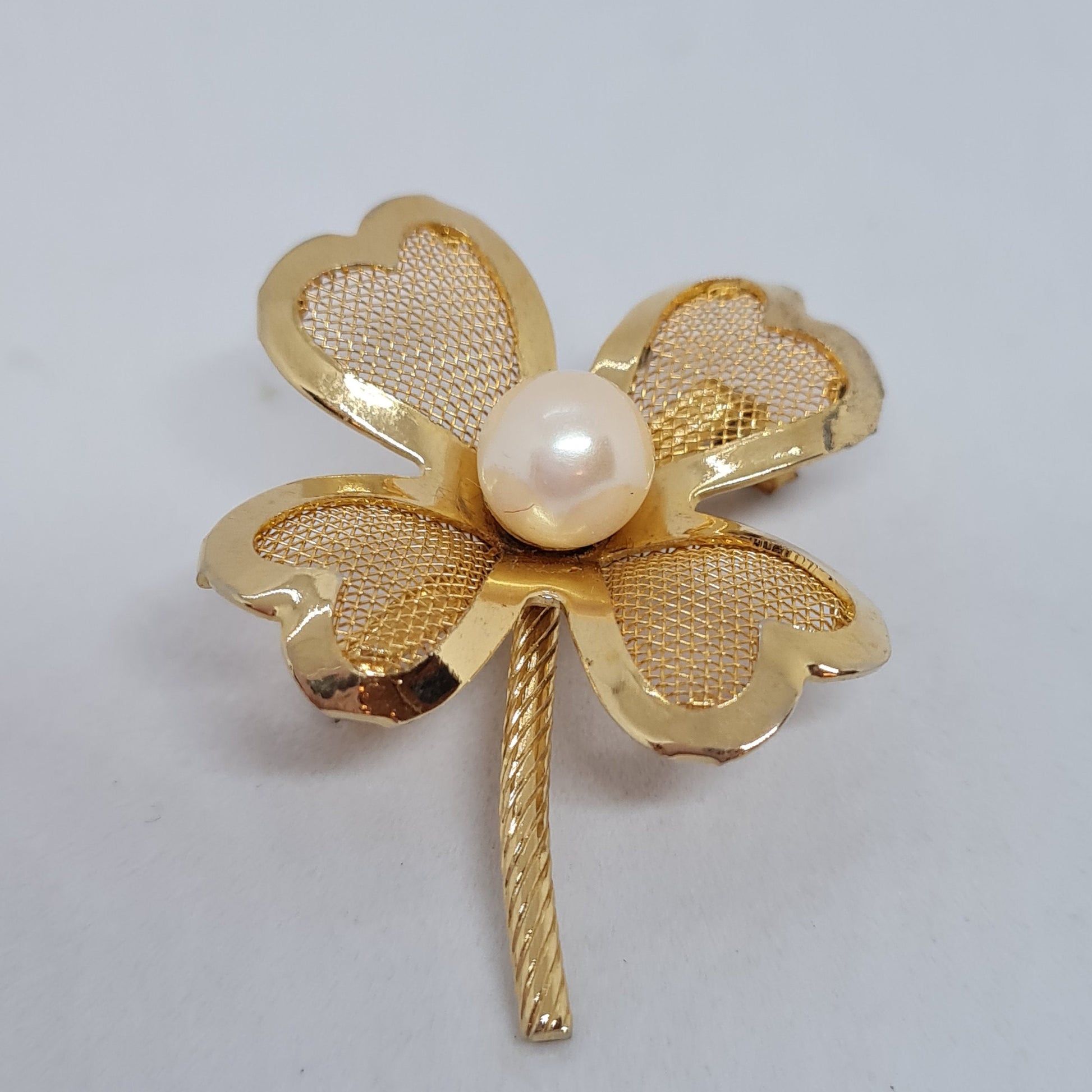 Vintage clover brooch Gold-tone metal mesh with white faux pearl brooch pin, Lucky clover brooch pin