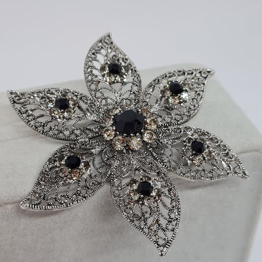 Vintage filigree large brooch Silver tone metal with glass black and clear rhinestones brooch Big floral sparkly brooch pin