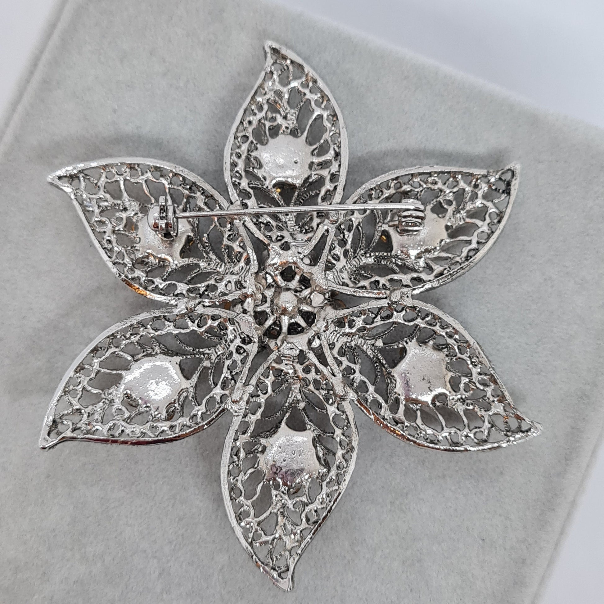 Vintage filigree large brooch Silver tone metal with glass black and clear rhinestones brooch Big floral sparkly brooch pin