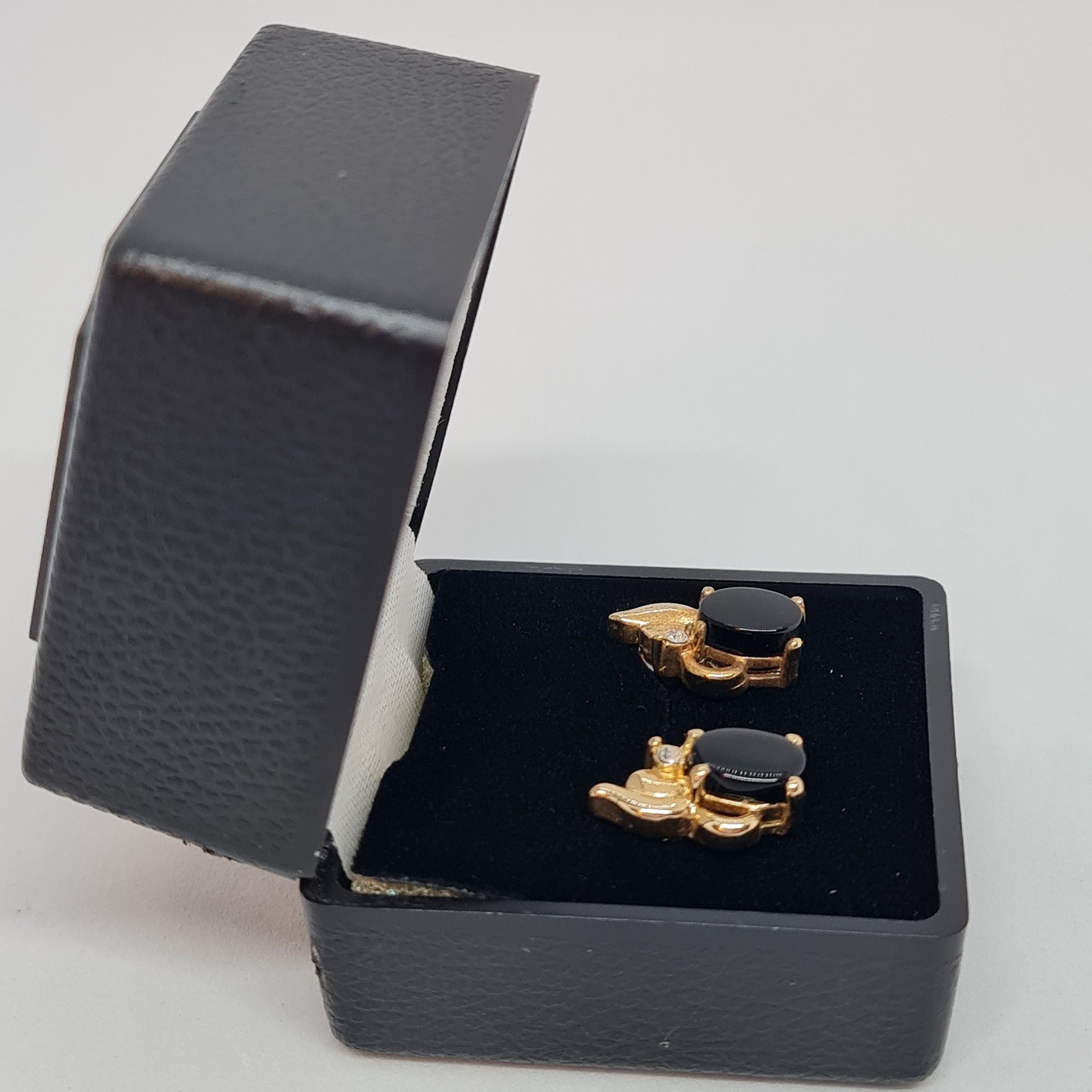 Vintage Gold Tone Stud Earrings: Rhinestone & Black Glass Cabochon