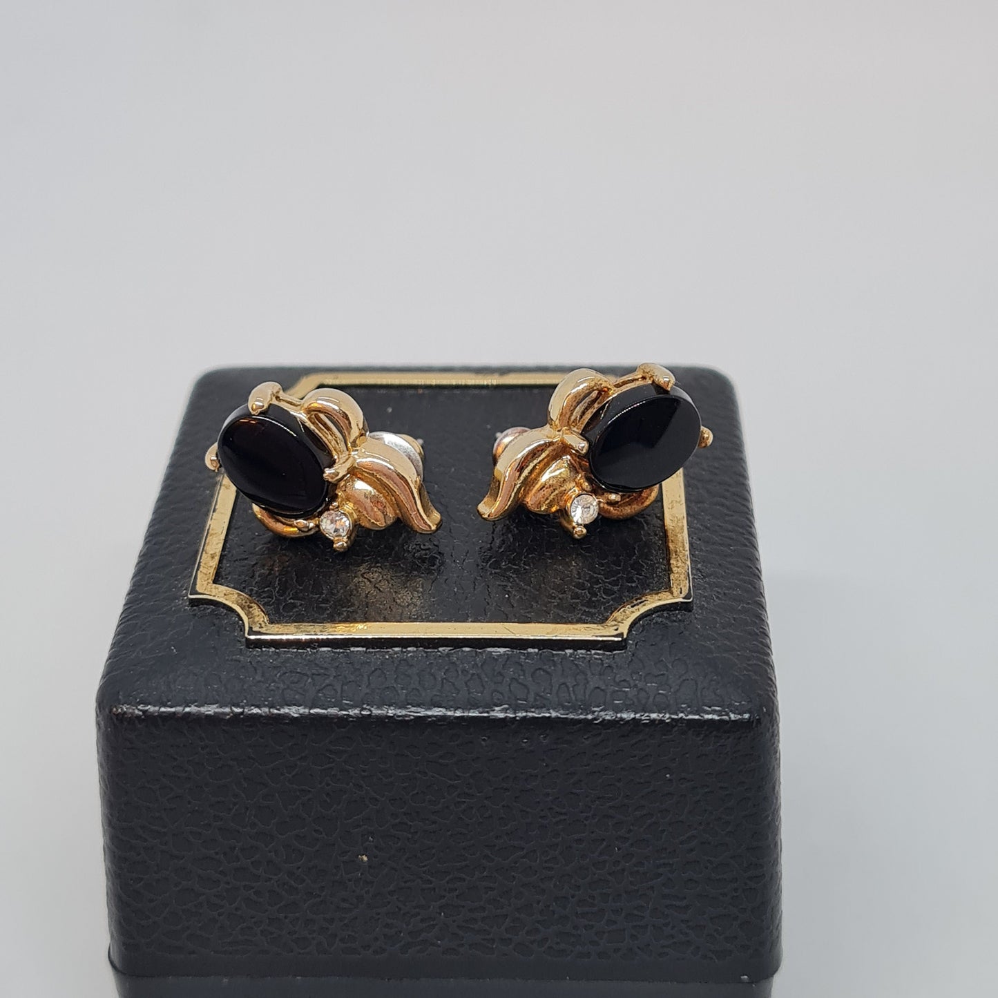 Vintage Gold Tone Stud Earrings: Rhinestone & Black Glass Cabochon