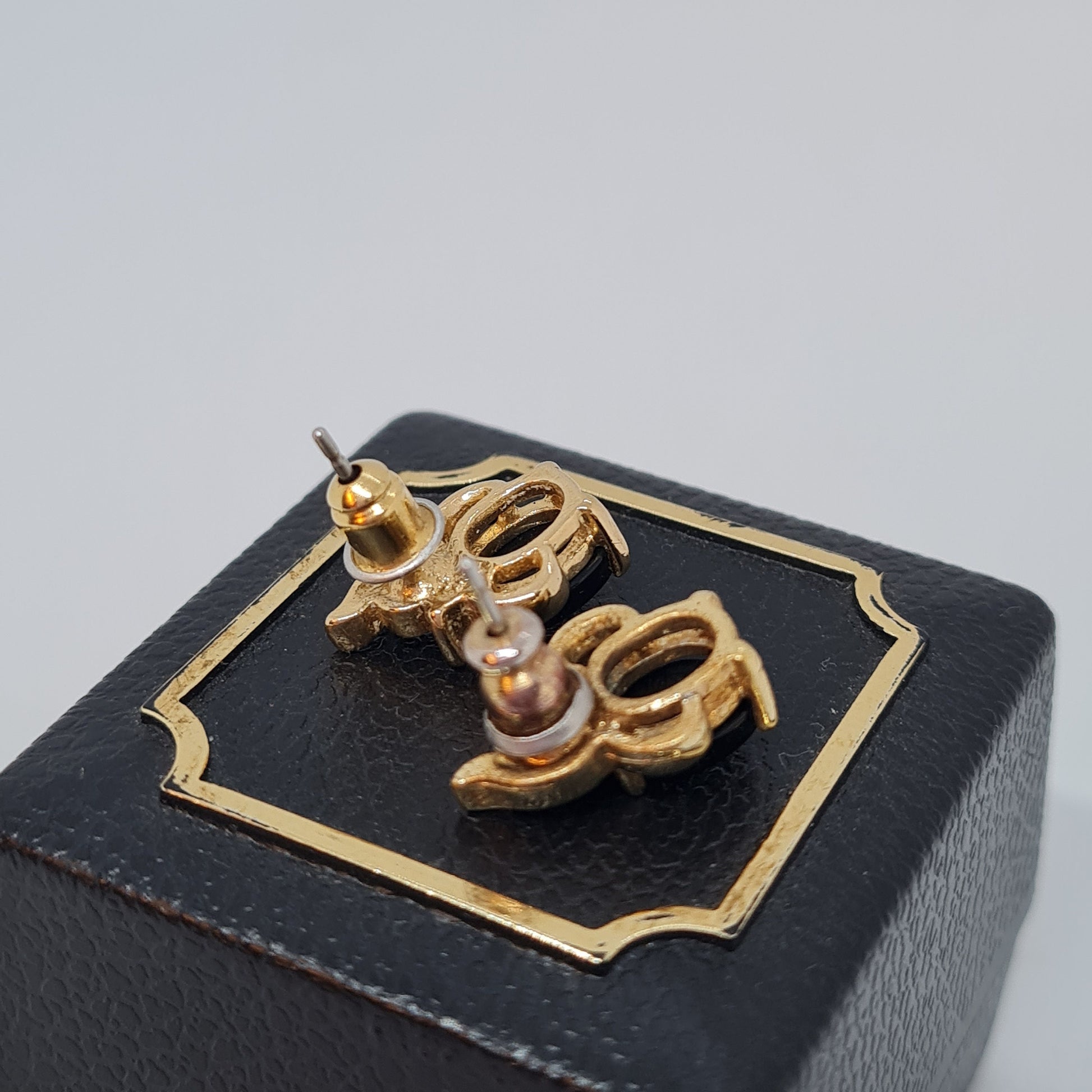 Vintage Gold Tone Stud Earrings: Rhinestone & Black Glass Cabochon