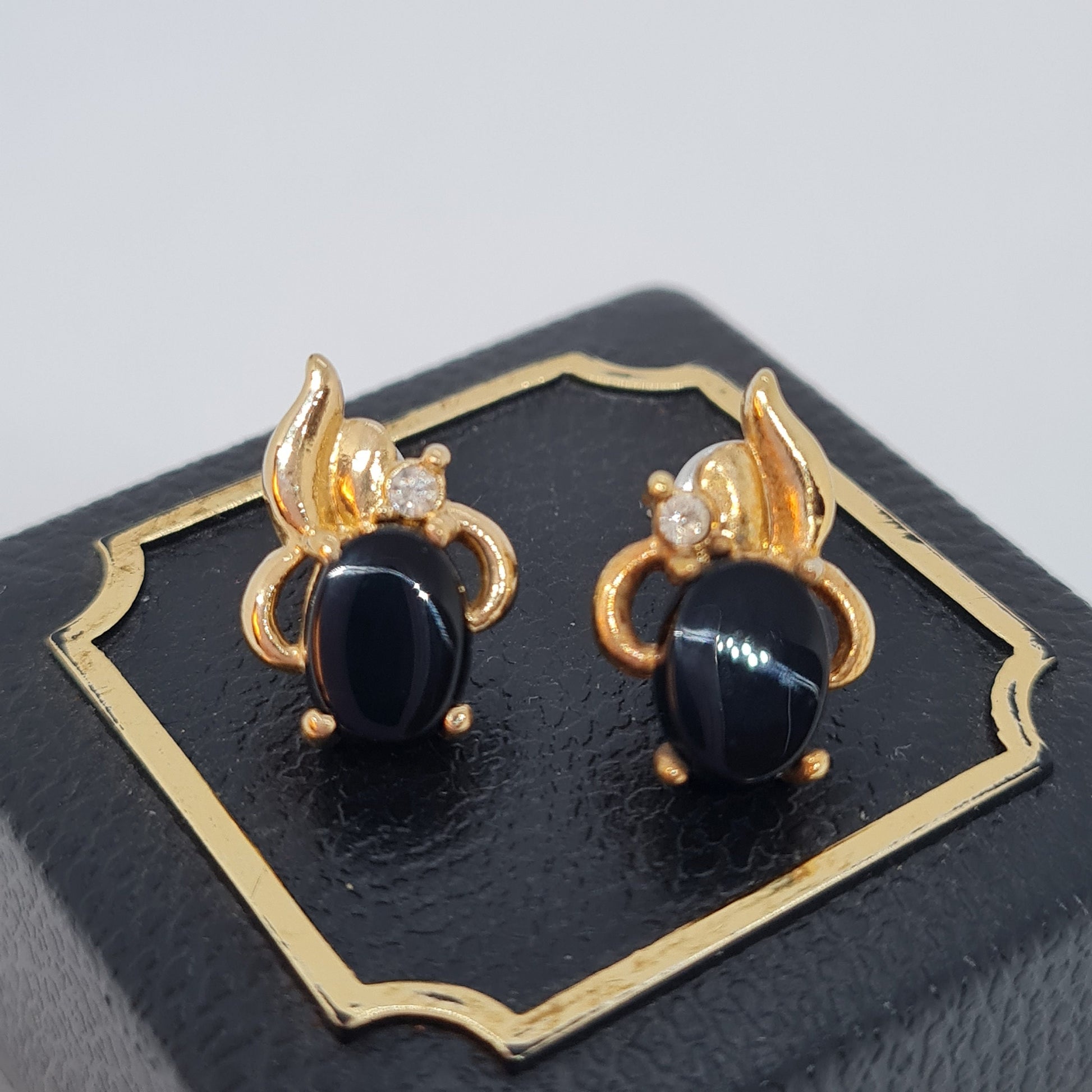 Vintage Gold Tone Stud Earrings: Rhinestone & Black Glass Cabochon