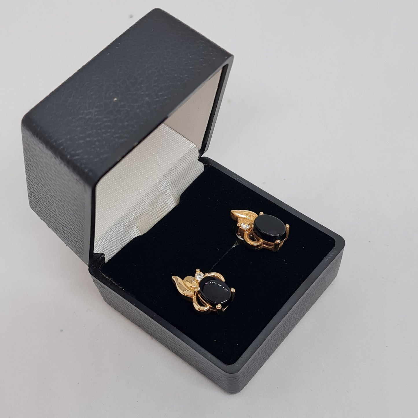 Vintage Gold Tone Stud Earrings: Rhinestone & Black Glass Cabochon