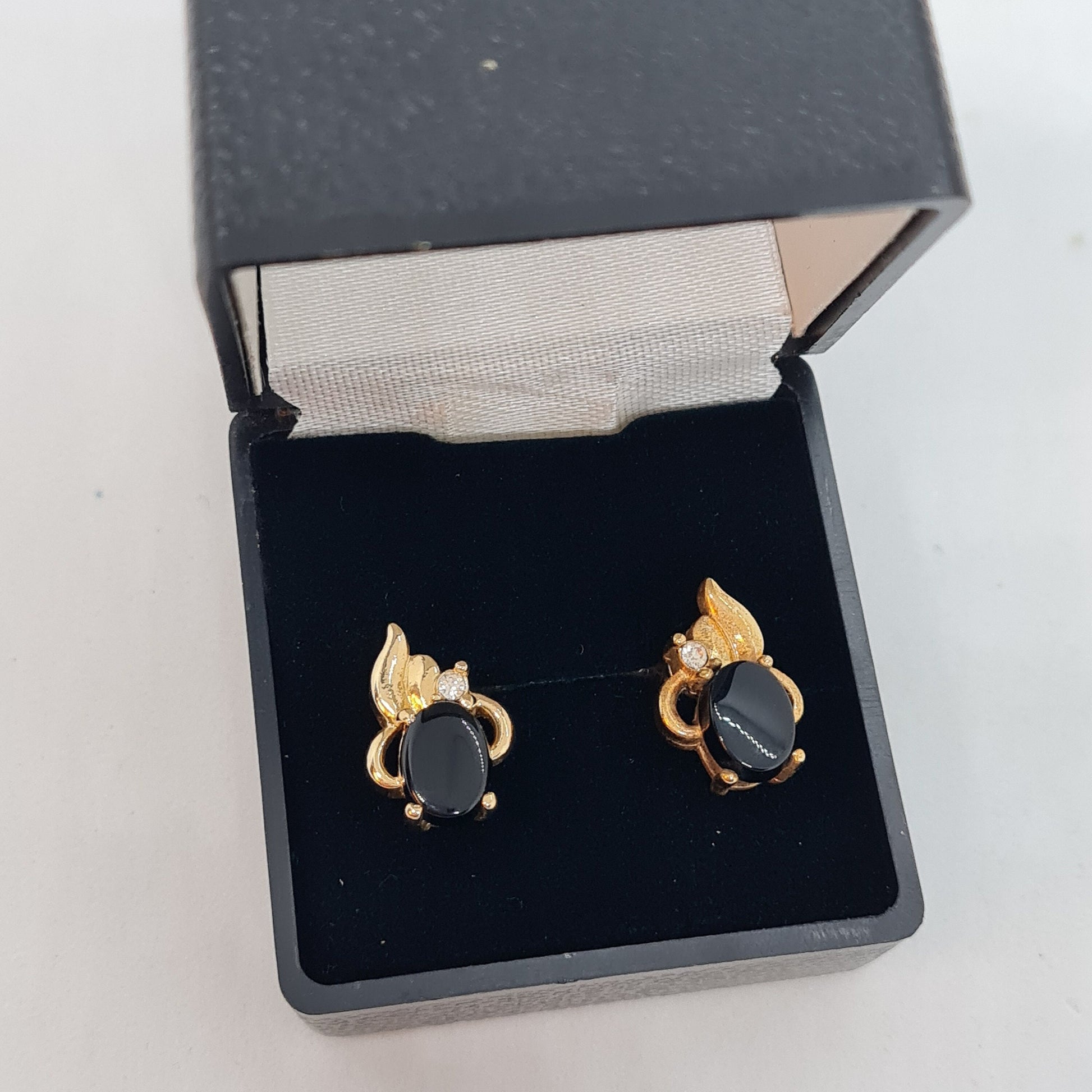 Vintage Gold Tone Stud Earrings: Rhinestone & Black Glass Cabochon