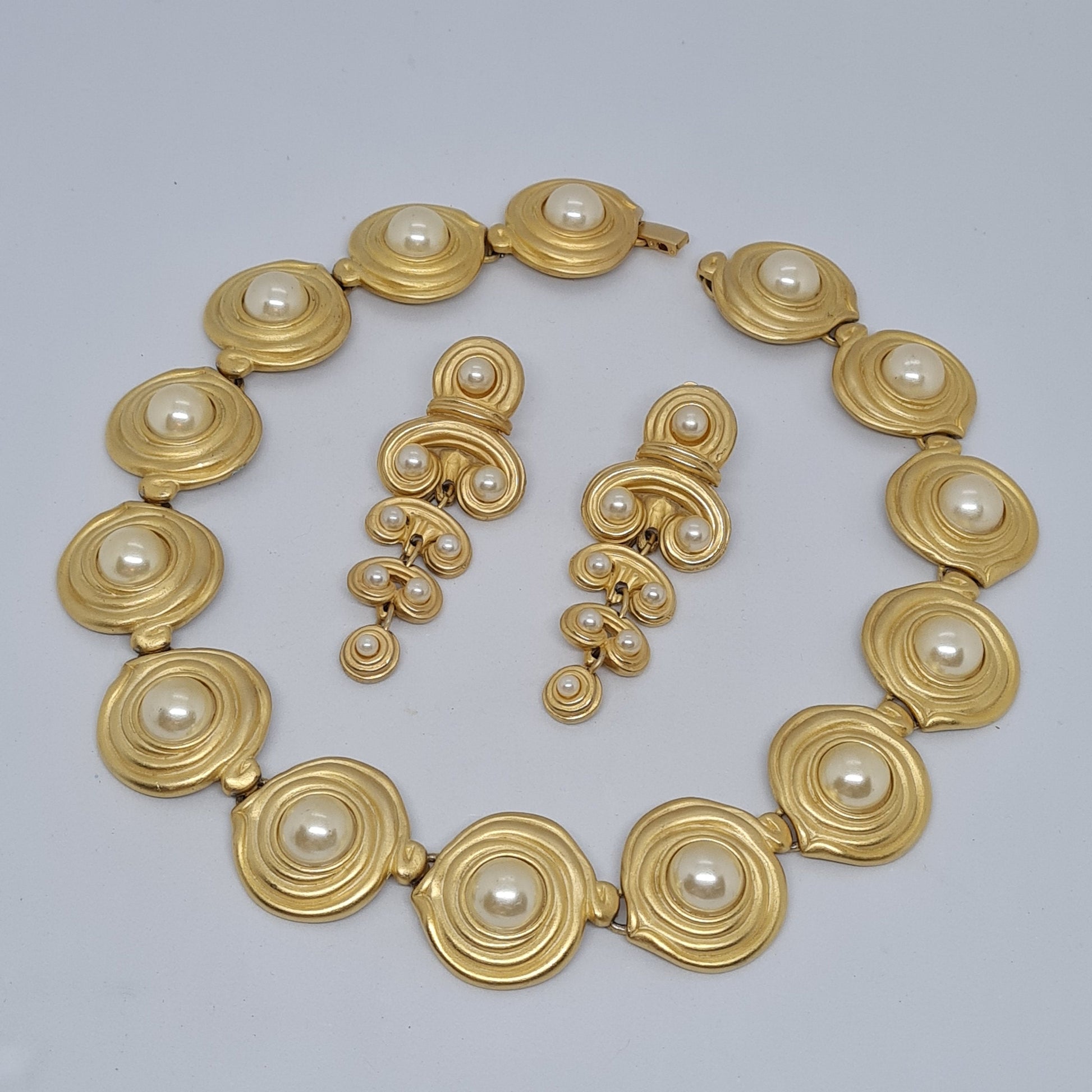 Vintage BLANCA jewelry set Satin gold tone metal with faux pearl Designer awesome necklace and clip on earrings set