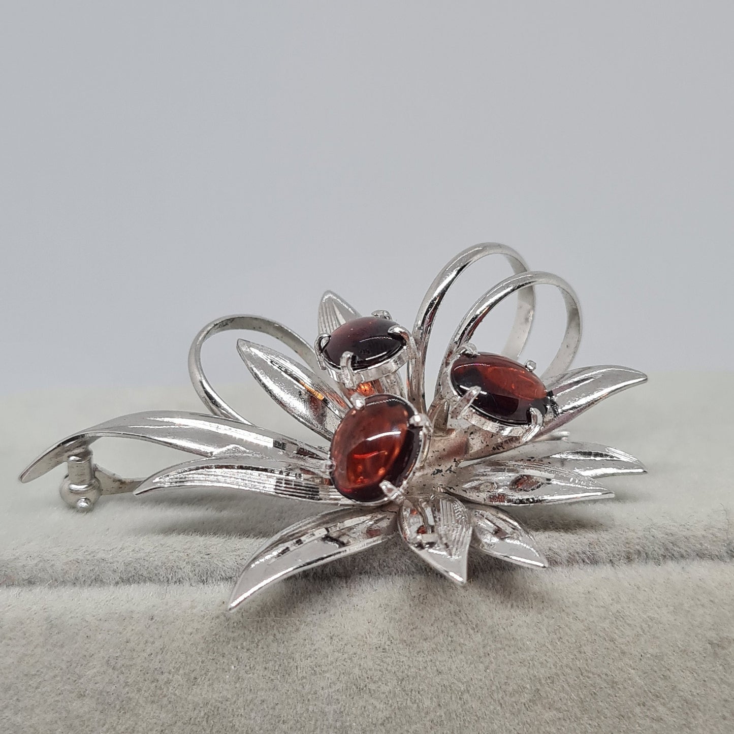Vintage 925 silver brooch Sterling silver brooch with brown glass cabochons Floral brooch for women