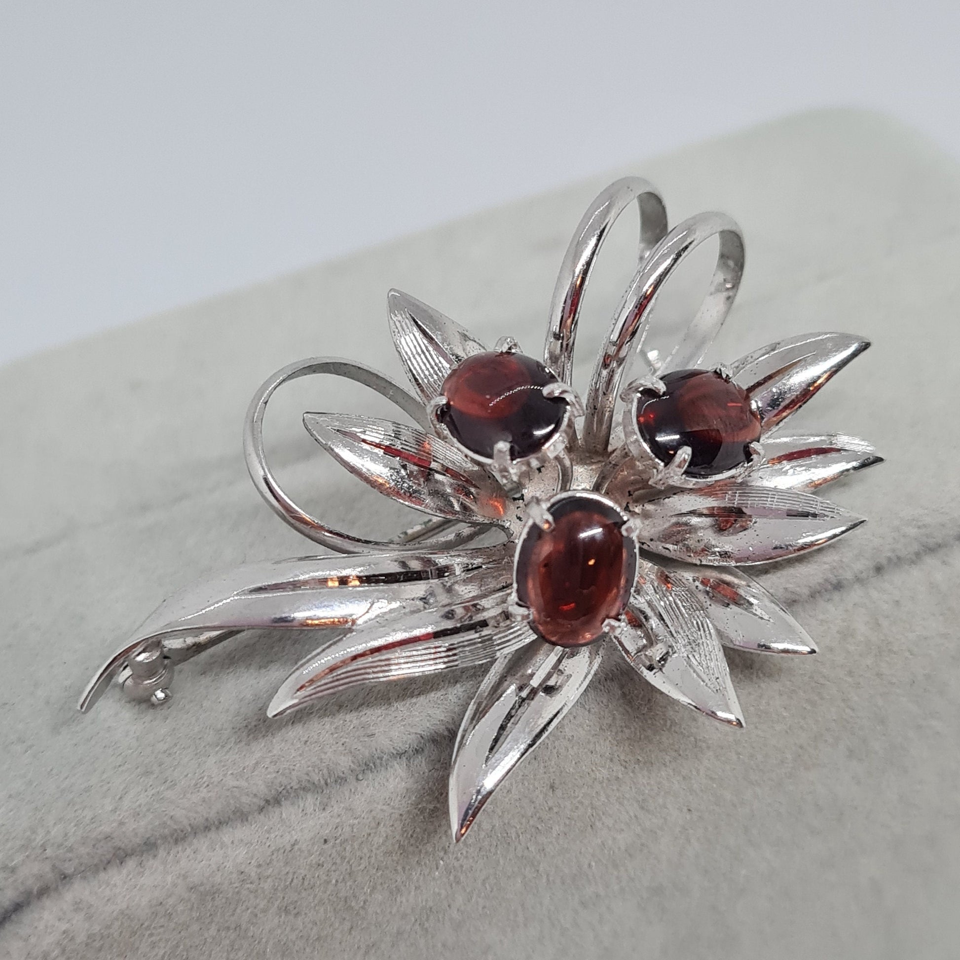 Vintage 925 silver brooch Sterling silver brooch with brown glass cabochons Floral brooch for women