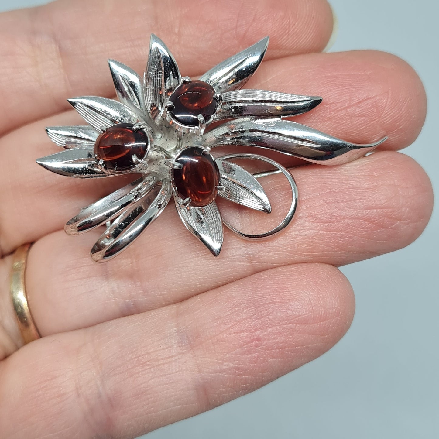 Vintage 925 silver brooch Sterling silver brooch with brown glass cabochons Floral brooch for women