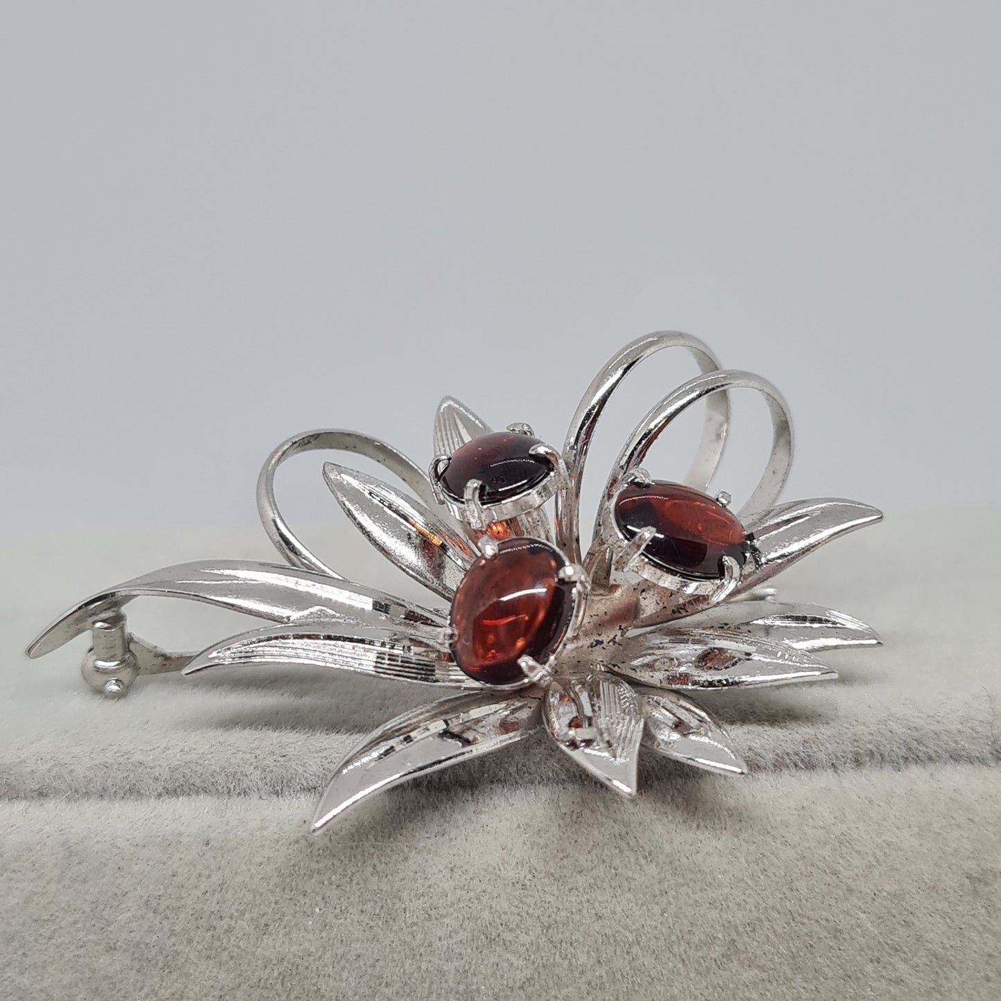 Vintage 925 silver brooch Sterling silver brooch with brown glass cabochons Floral brooch for women