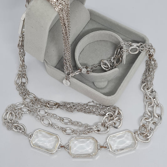 WHITE HOUSE BLACK Market necklace. Vintage silver-tone multi-strand chain with a clear bezel. Designer long necklace.