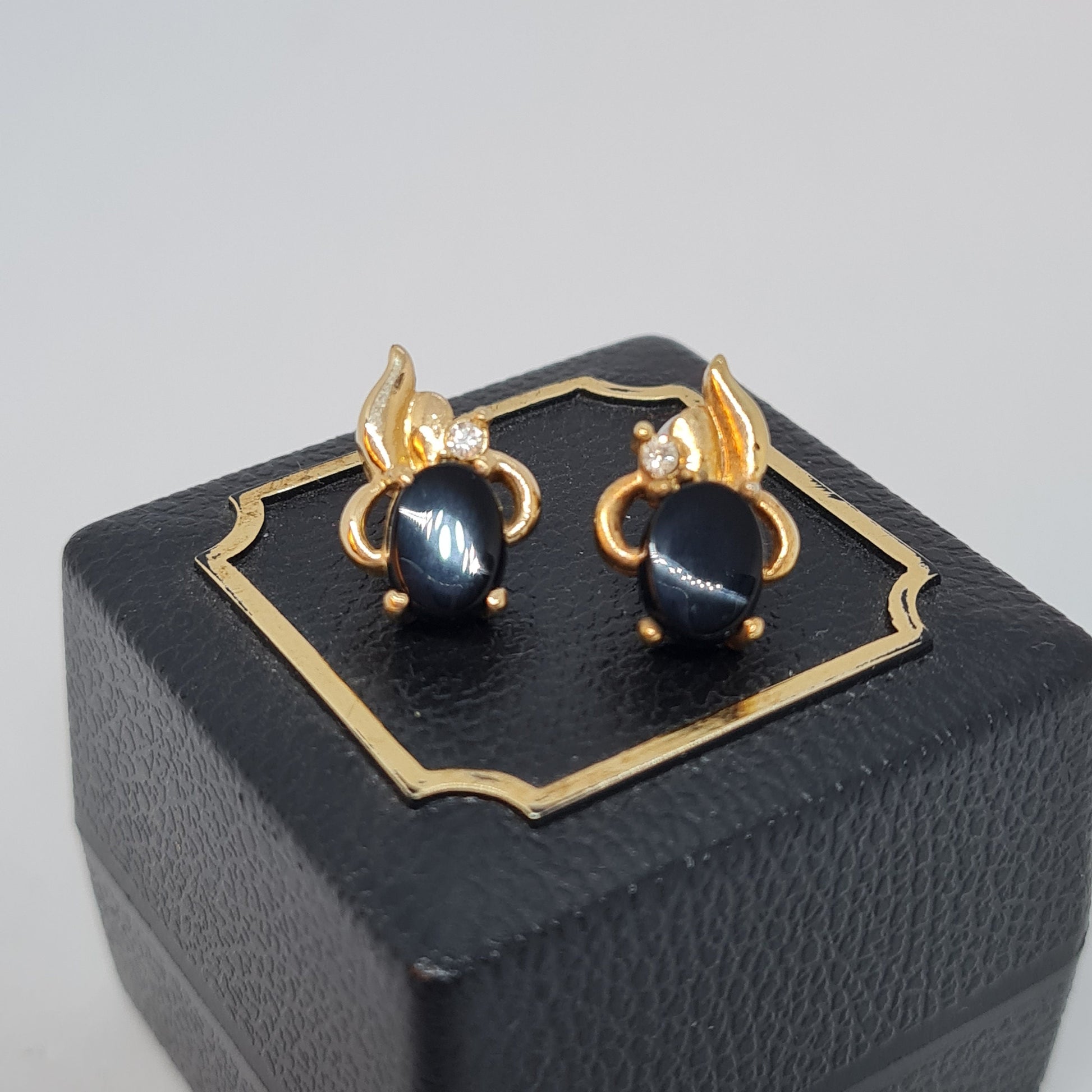 Vintage Gold Tone Stud Earrings: Rhinestone & Black Glass Cabochon