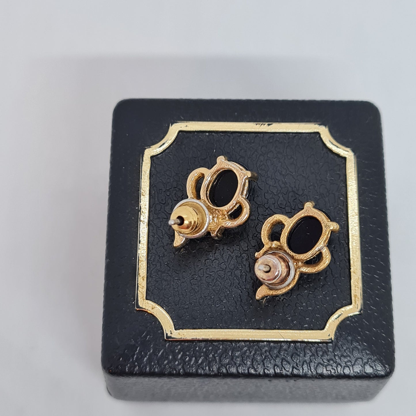 Vintage Gold Tone Stud Earrings: Rhinestone & Black Glass Cabochon