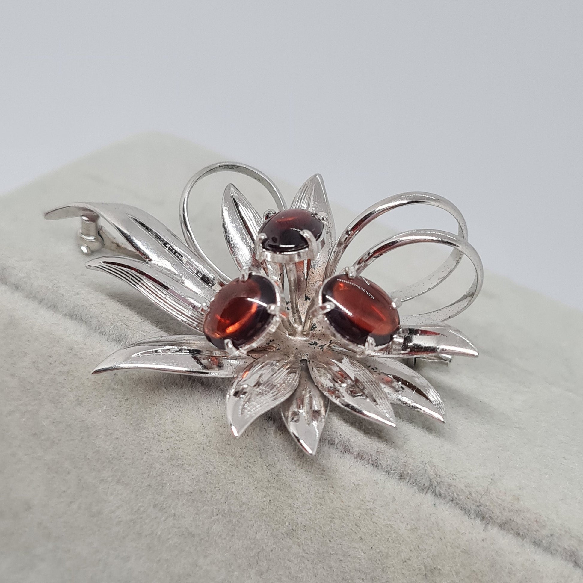 Vintage 925 silver brooch Sterling silver brooch with brown glass cabochons Floral brooch for women