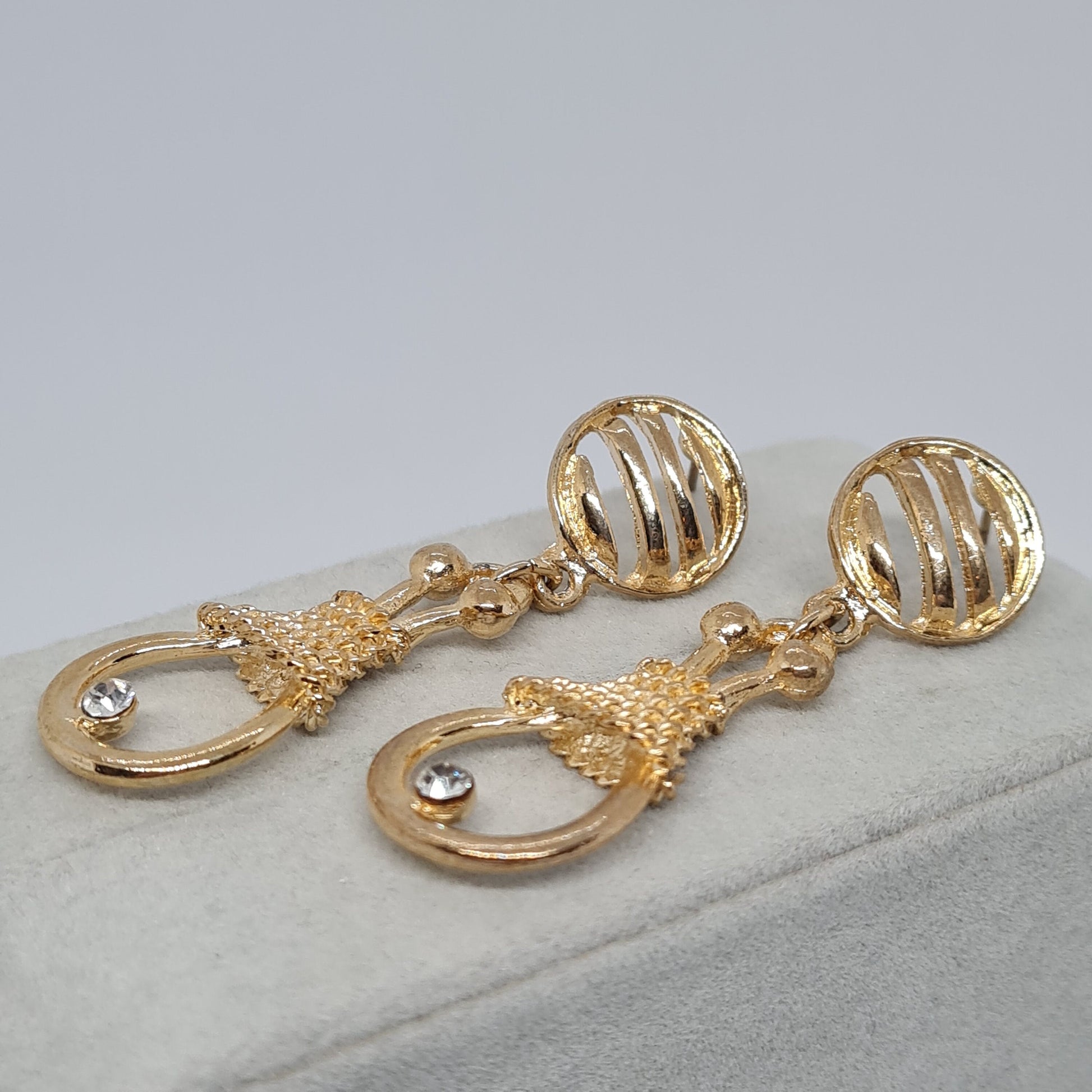 Vintage rope drop earrings Gold tone textured metal dangle earrings with small rhinestones