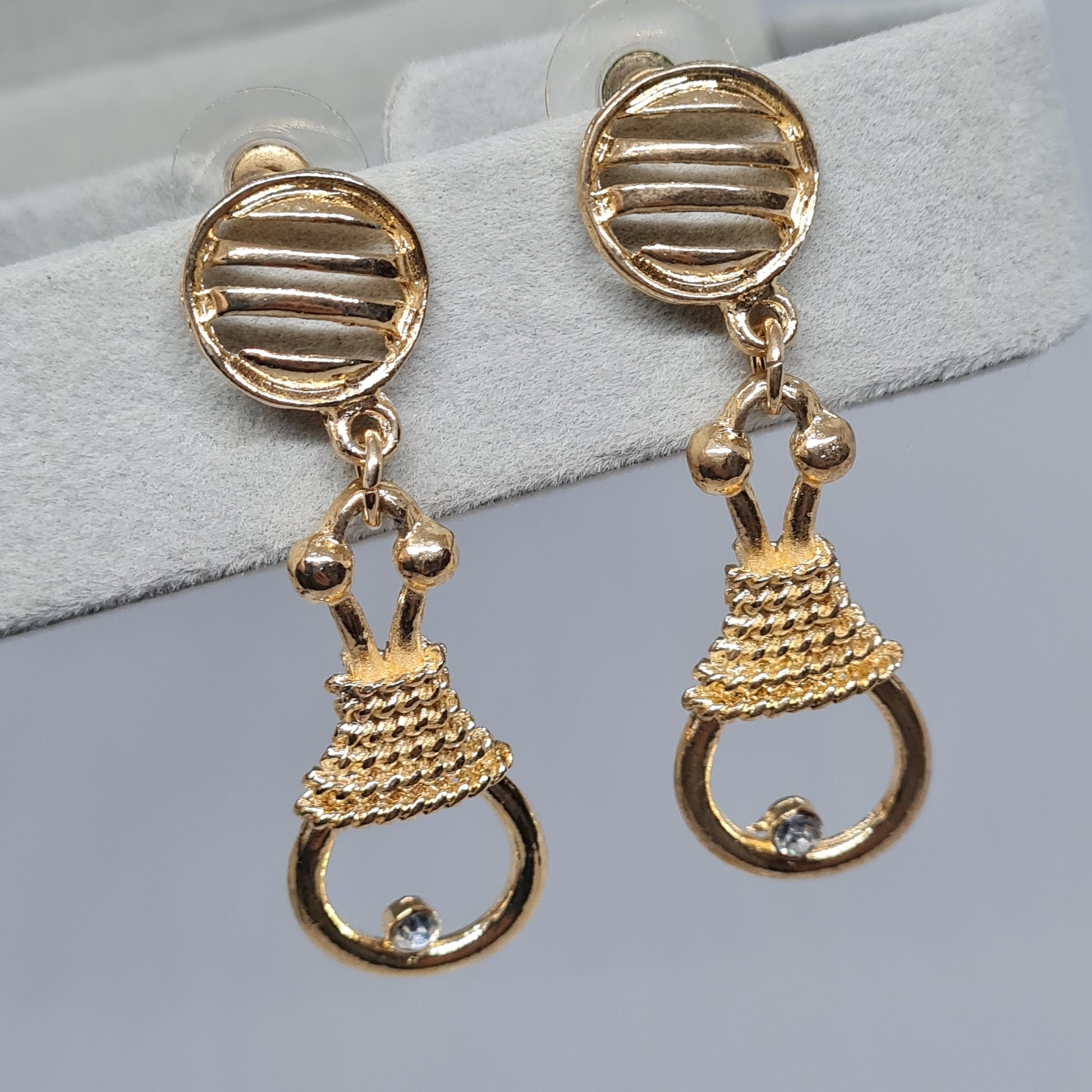 Vintage rope drop earrings. Gold-tone textured metal dangle earrings with small rhinestones.