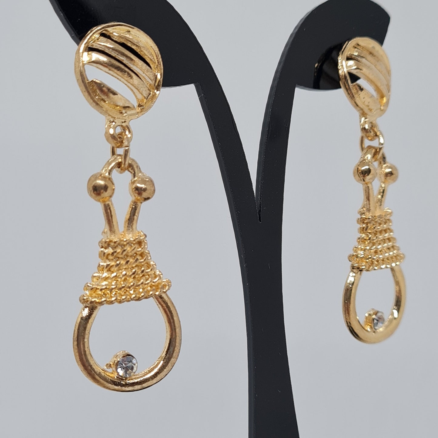 Vintage rope drop earrings Gold tone textured metal dangle earrings with small rhinestones